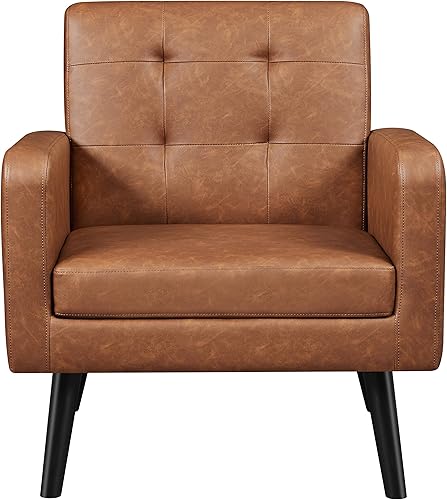 Topeakmart Silla decorativa de mediados de siglo, moderna y acogedora silla de sofá de piel sintética con cojín grueso y patas de madera resistentes