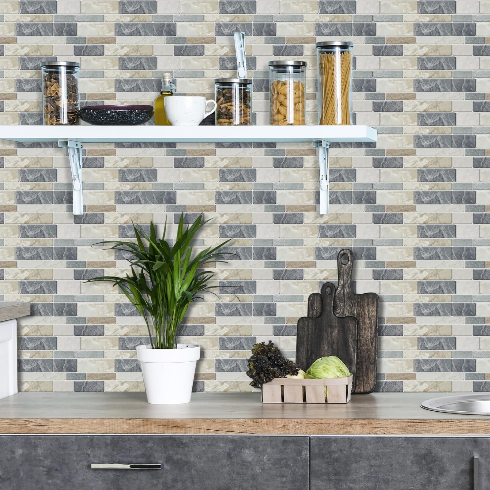 Crédence Adhésive Cuisine Brique Grise Marbre Carrelage Salle de Bain Imperméable Décoratif Dalle Adhesive Murale Stickers Carrelage pour Meubles Cheminée Entoure 12x24 cm/ 30 pcs