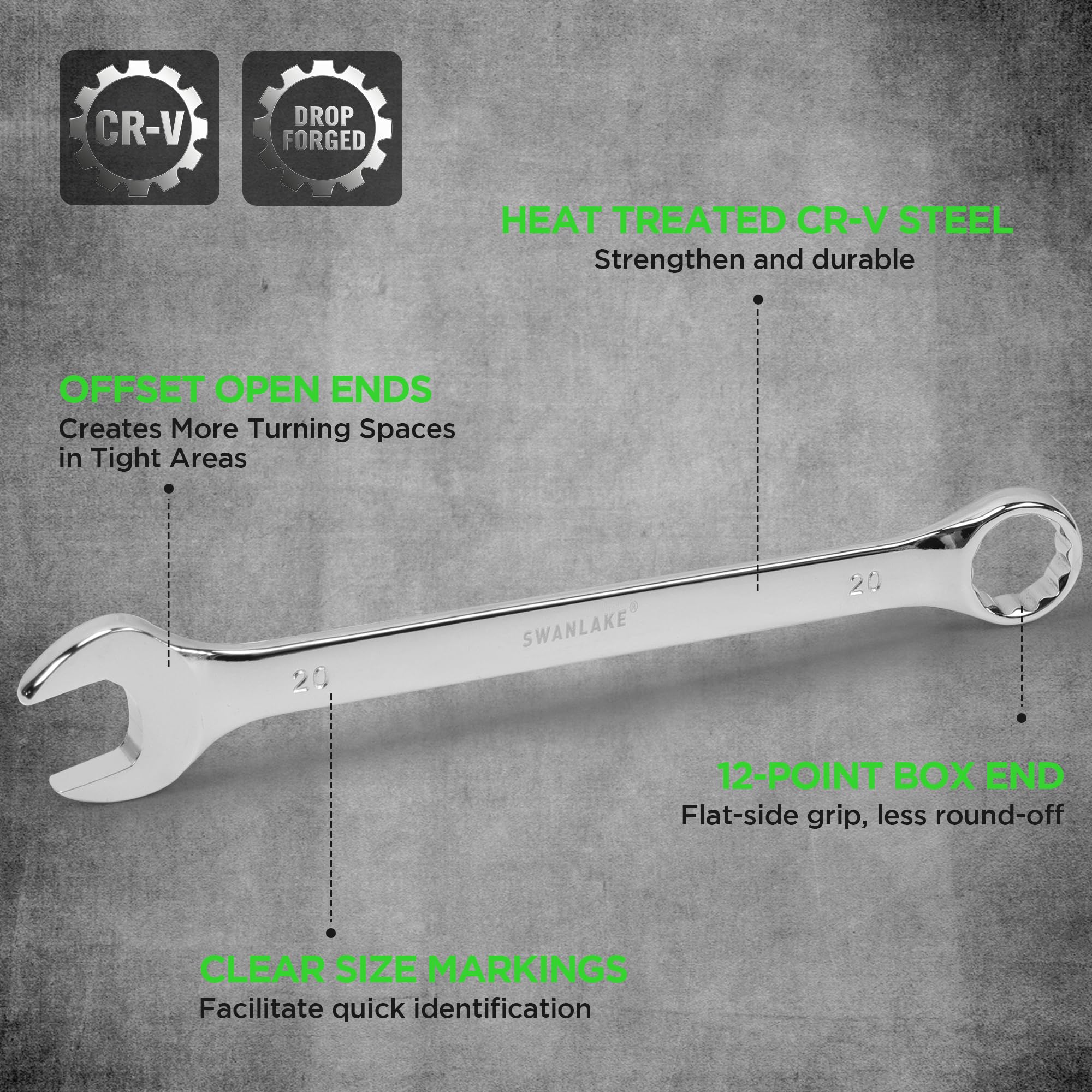 SWANLAKE GARDEN TOOLS Juego de llaves métricas de 15 piezas, juego de llaves combinadas premium con muesca en V métricas de 8 a 22 mm, par máximo, 12 puntos, acero al cromo vanadio, con estante de