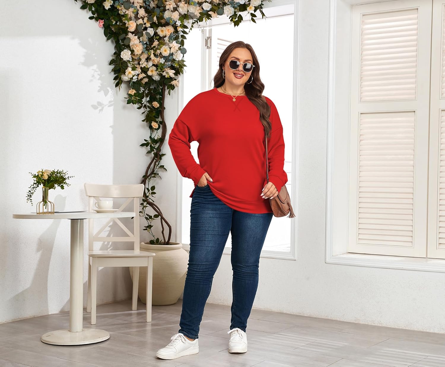 Plus Size Sweatshirt for Women Long Sleeve Tops Pullover Crew Neck Shirts Fall Winter Red 4X-Large - Image 5