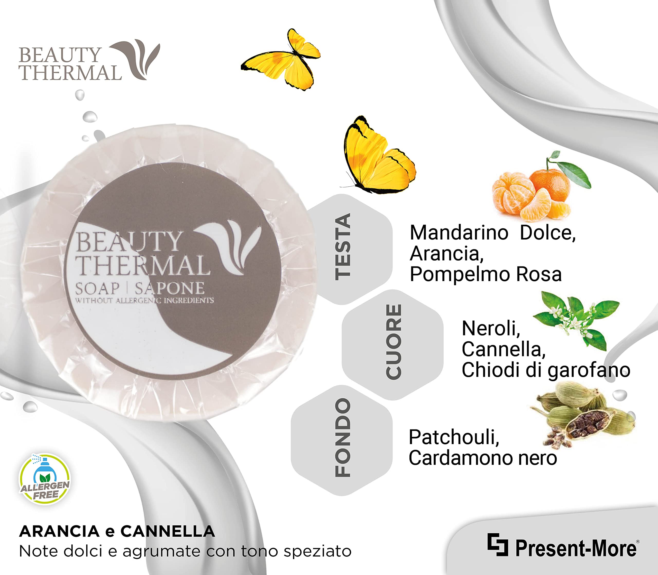 PRESENT-MORE - Saponette Hotel 25gr Beauty Thermal - Confezione da 250 Pezzi - Saponetta Mani Senza Allergeni - Fragranza Arancia e Cannella - Ideale per Hotel e B&B