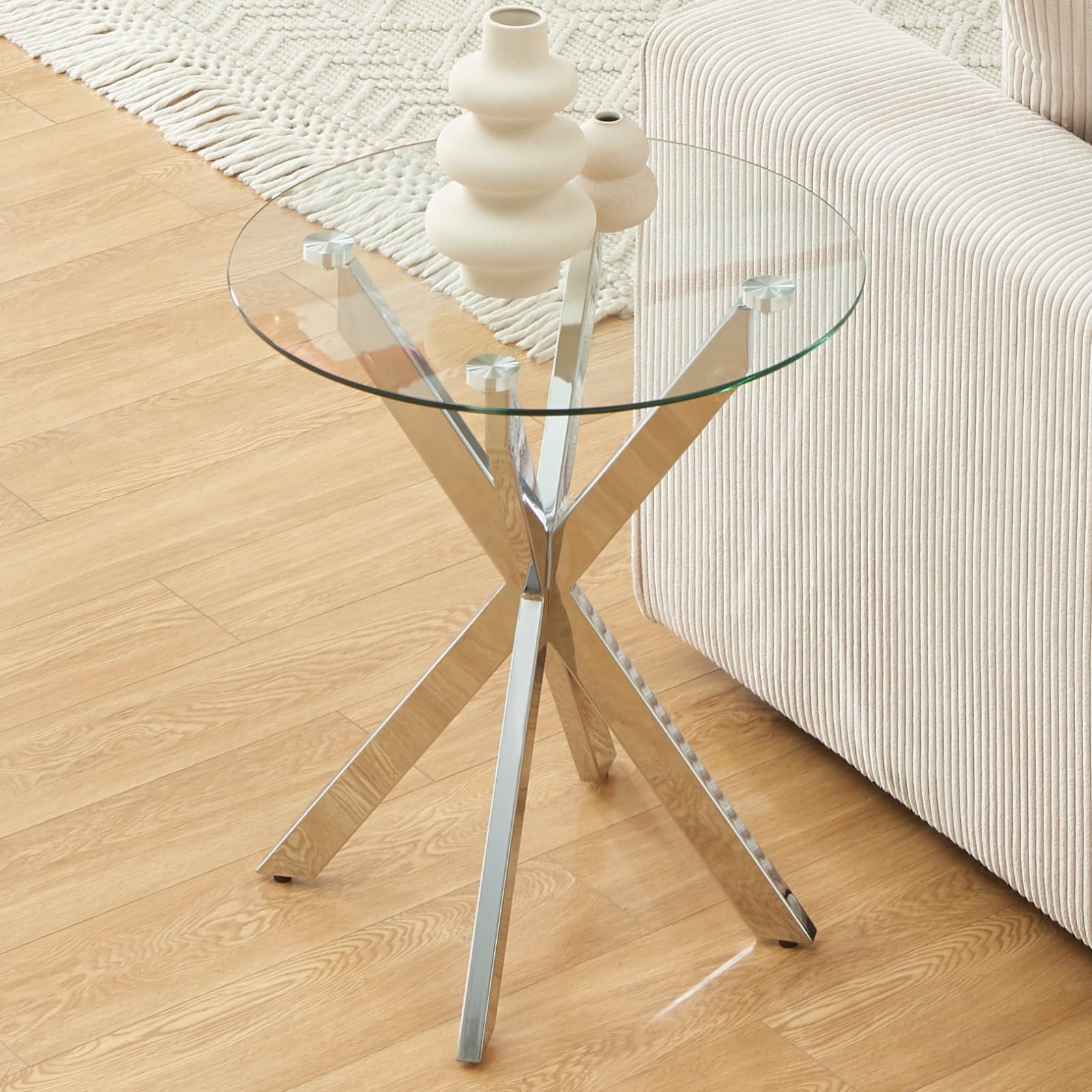 Modern Glass End Table, Small Round Side Table for Couch, Sofa Table with Clear Tempered Glass Top for Living Room, Bedroom, Bedside, 19.7" Wx21.7 H Silver