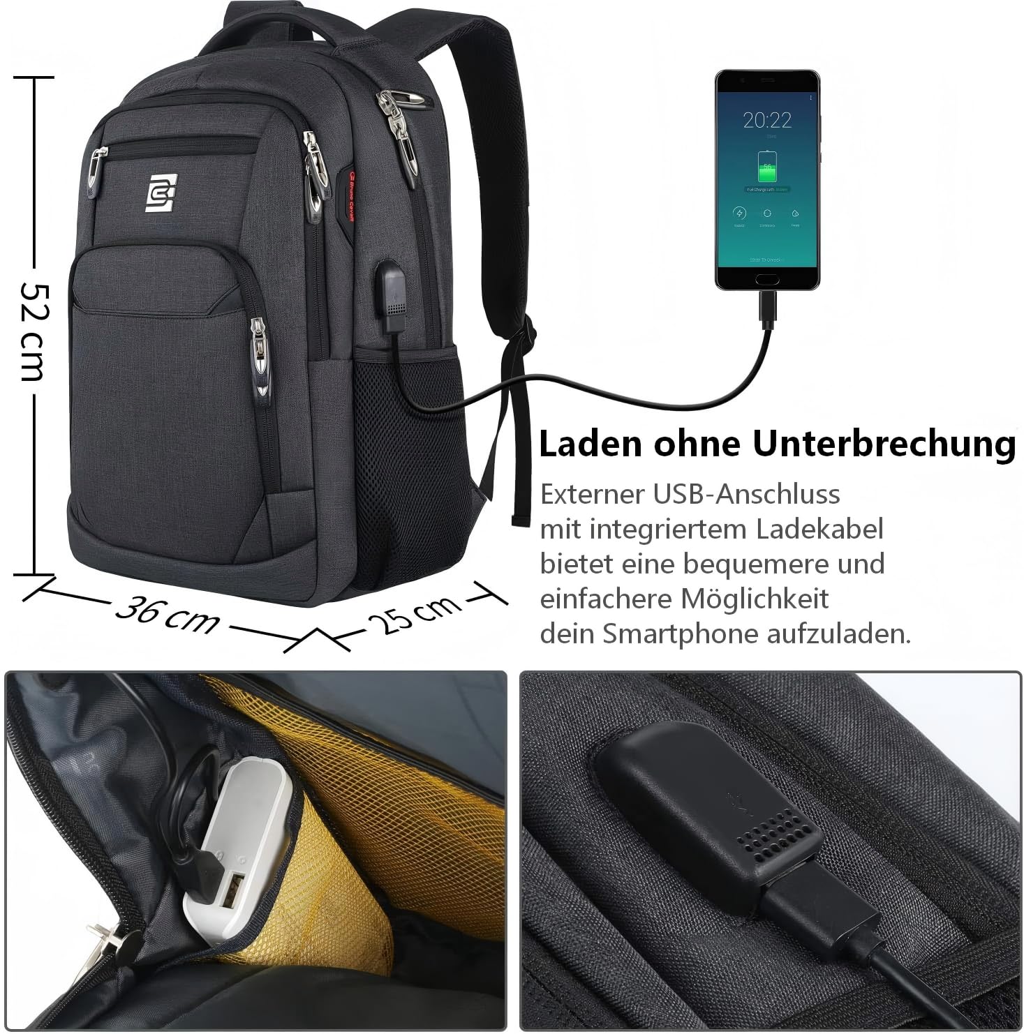marcello Rucksack Herren, Laptop Rucksack mit USB Ladeanschluss für 17 Zoll Notebooks Arbeit Business, Schule Uni Schulrucksack für Jungen Teenager mit Anti Diebstahl Tasche (Retro-schwarz, 20 Zoll)