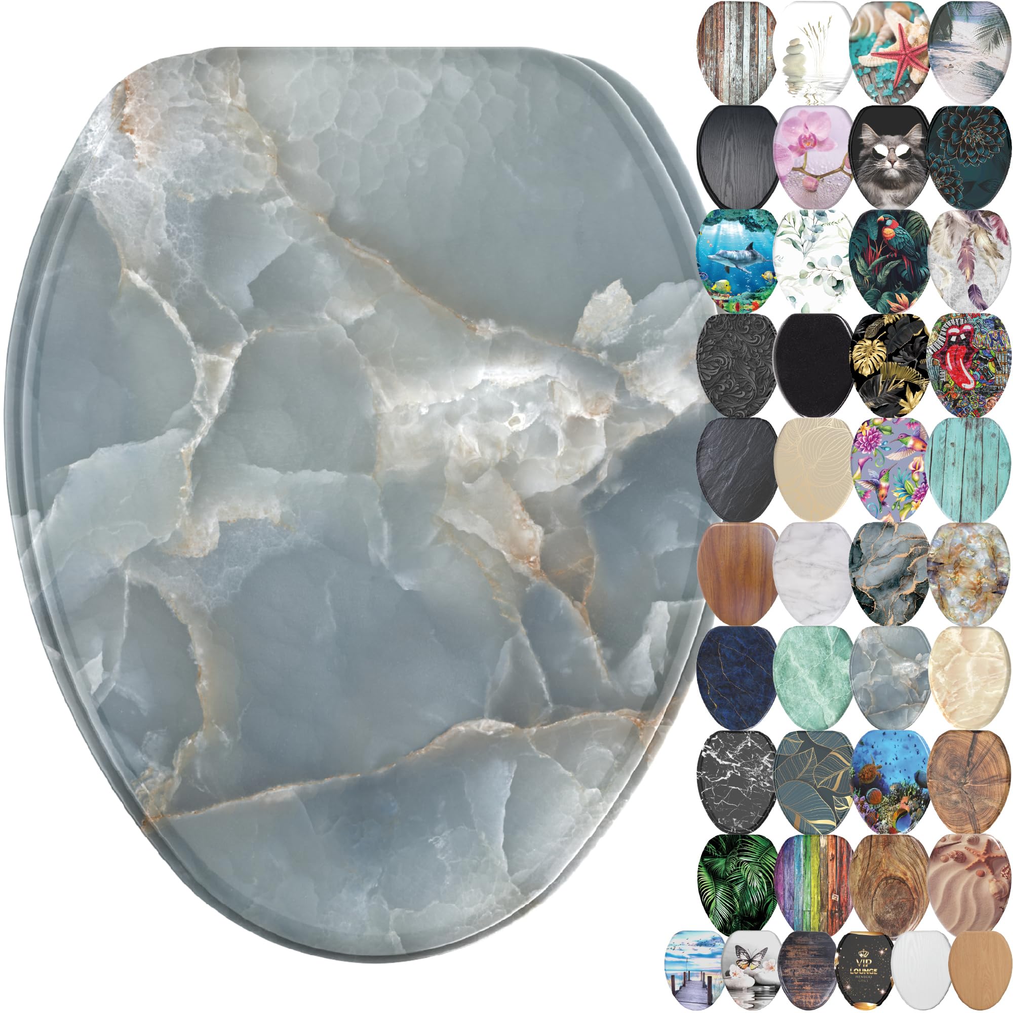 SANILO Wooden Toilet Seat with Soft Close [ELONGATED] - Decorative, Quiet & Slow Close Molded Wood Seat - With Strong Bumpers & Hinges - Adjustable Fit - Marble Italia ( Similar to one in stock)