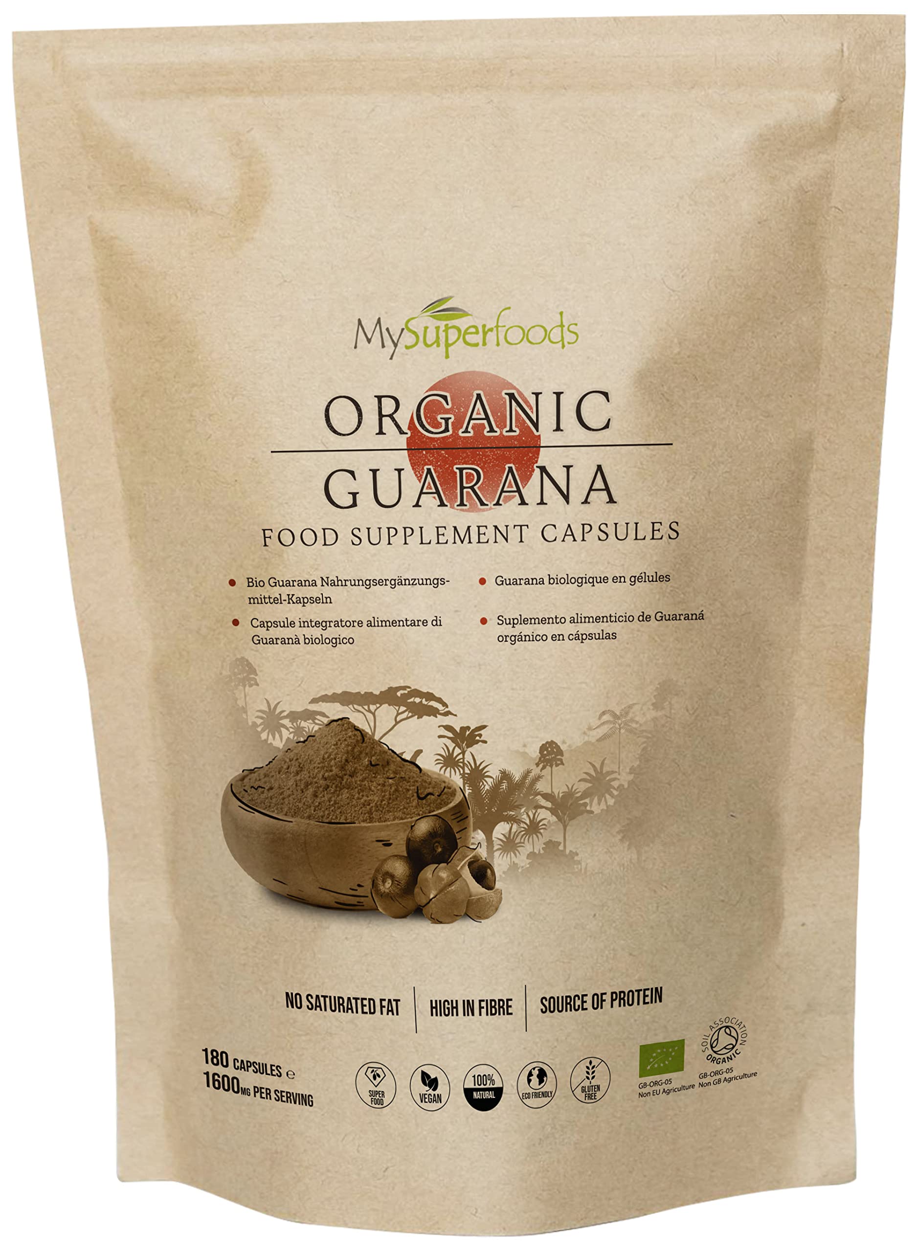 Guarana Capsules | Organic | 1600mg per Serving | 180 Capsules | Natural Wholefood Source of Caffeine | MySuperfoods