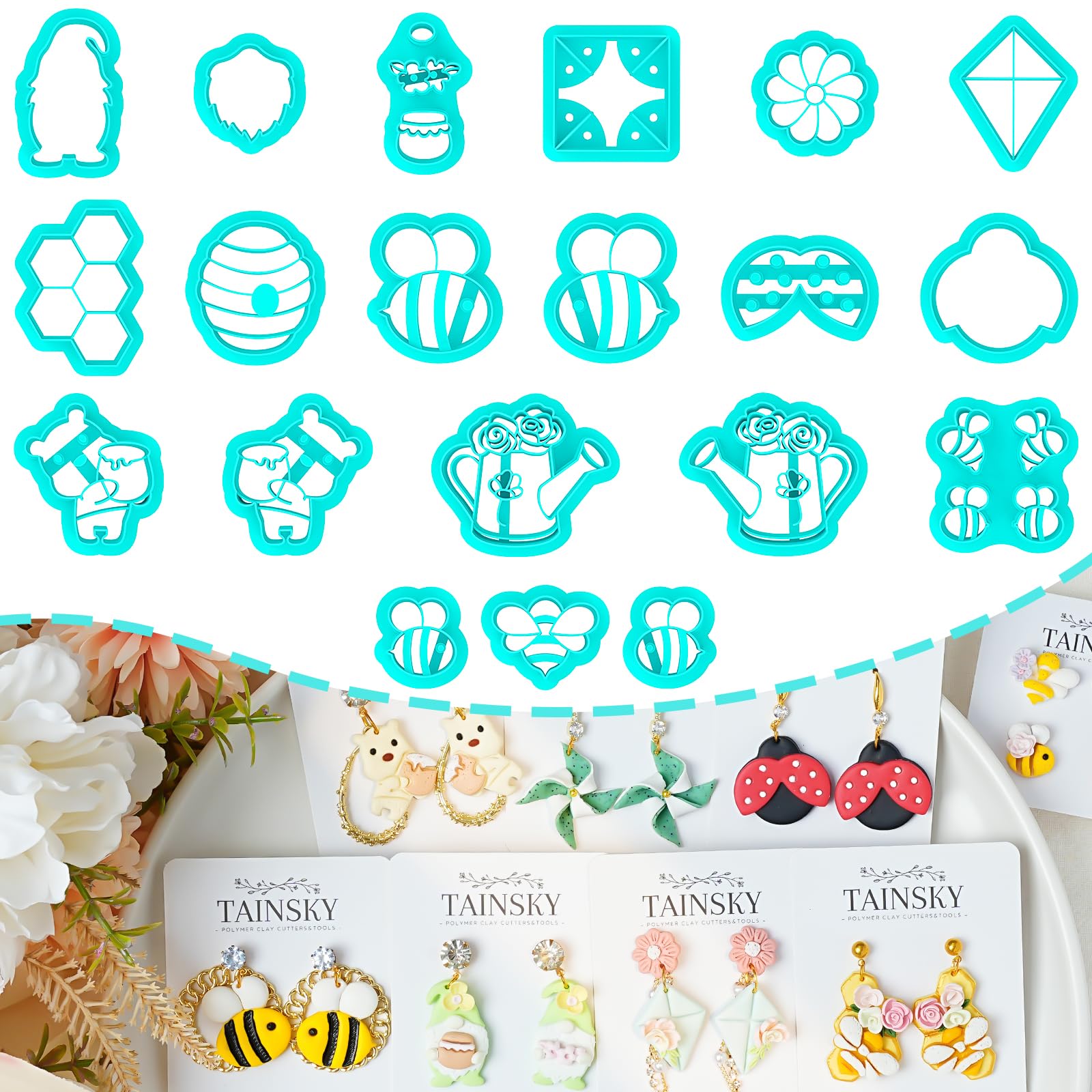 TAINSKY Spring Polymer Clay Cutters, 20 Shapes Spring Clay Cutters, Flower Clay Cutters, Bee Clay Cutters for Earrings, Clay Cutters, Spring Clay Cutters for Polymer Clay Jewelry Making