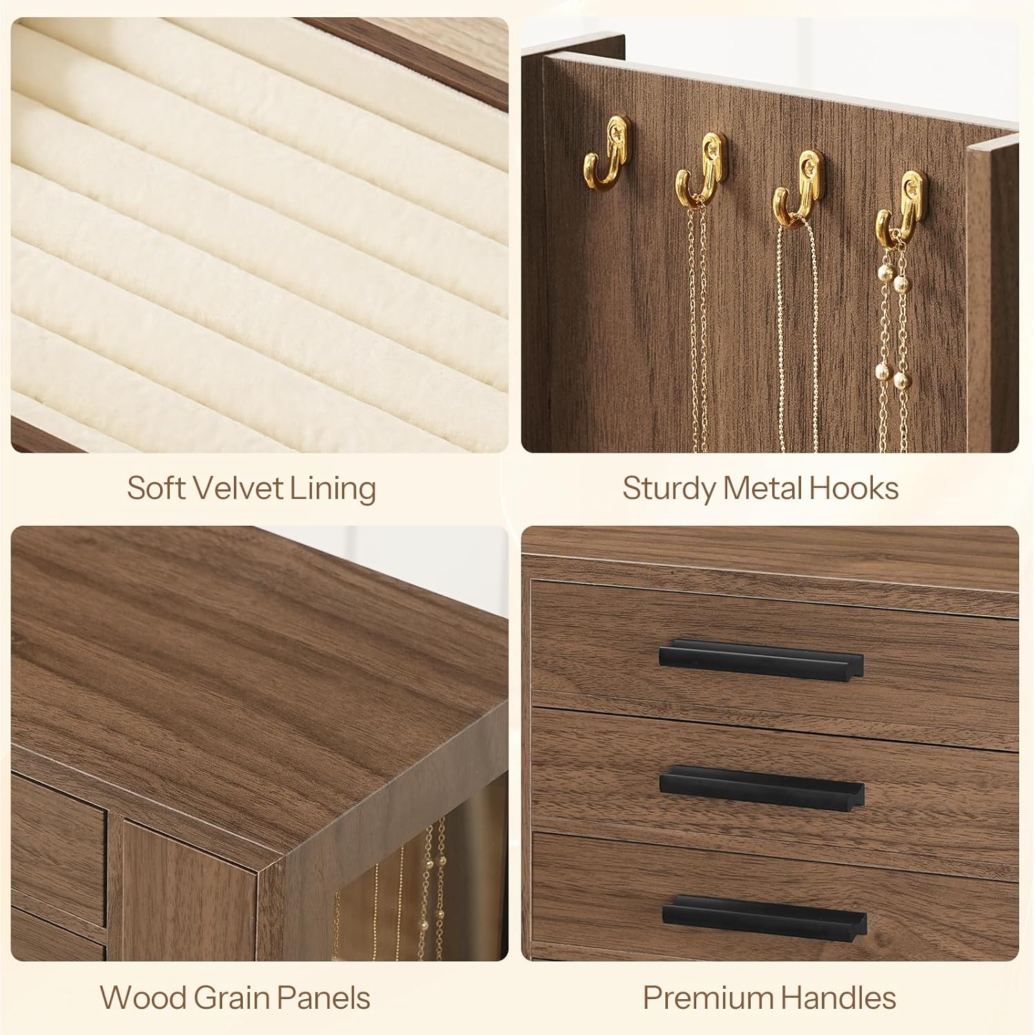 HOOBRO 5-Tier Jewelry Box, Wooden Jewelry Organizer with Transparent Windows, Jewelry Storage Box with 2 Vertical Drawers, for Earring, Necklace, Bracelet, Ring, Watch, Walnut and Black BH19JB04