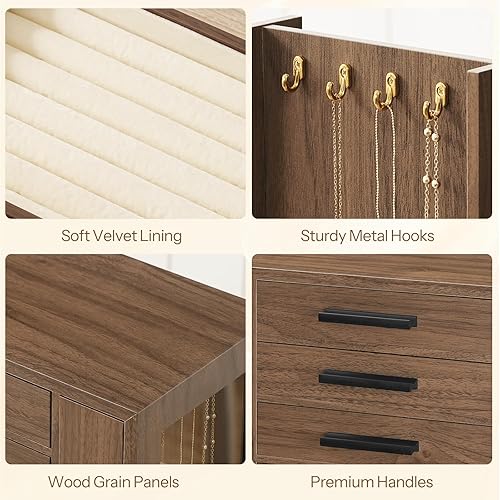 Miniatura 8 de HOOBRO Joyero de 5 niveles, organizador de joyas de madera con ventanas transparentes, caja de almacenamiento de joyas con 2 cajones verticales,