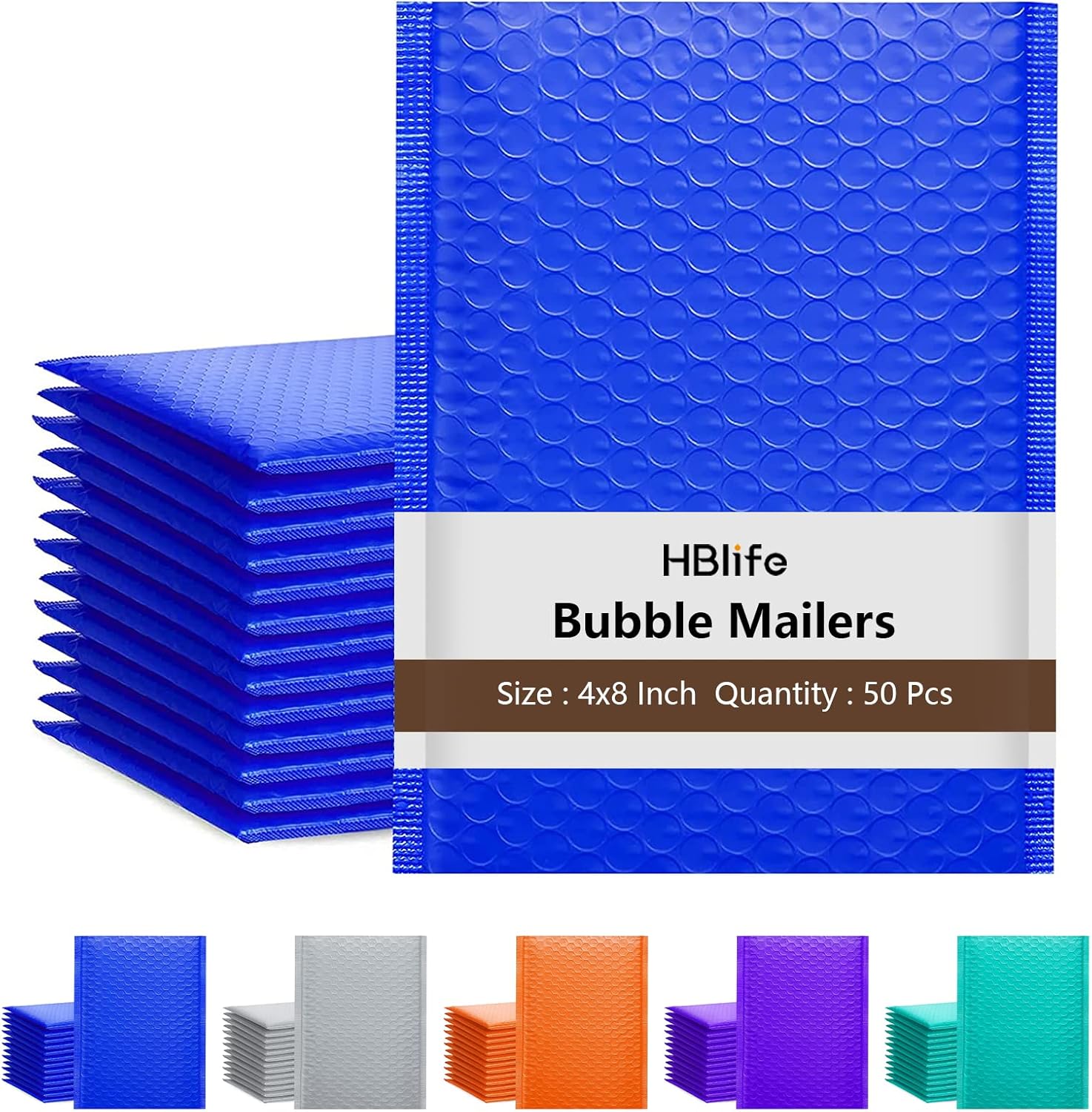HBlife 50Pcs Bubble Mailers, 4x8 Inches Self Seal Blue Poly Mailers, Padded Envelopes Shipping Bags Packaging for Small Business
