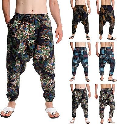 Amazon.com: Pantalones de harén holgados para hombre, algodón, lino, hippie,  bohemio, estampado de espiral, gitano, aladín, yoga, entrepierna caída,  harén : Ropa, Zapatos y Joyería