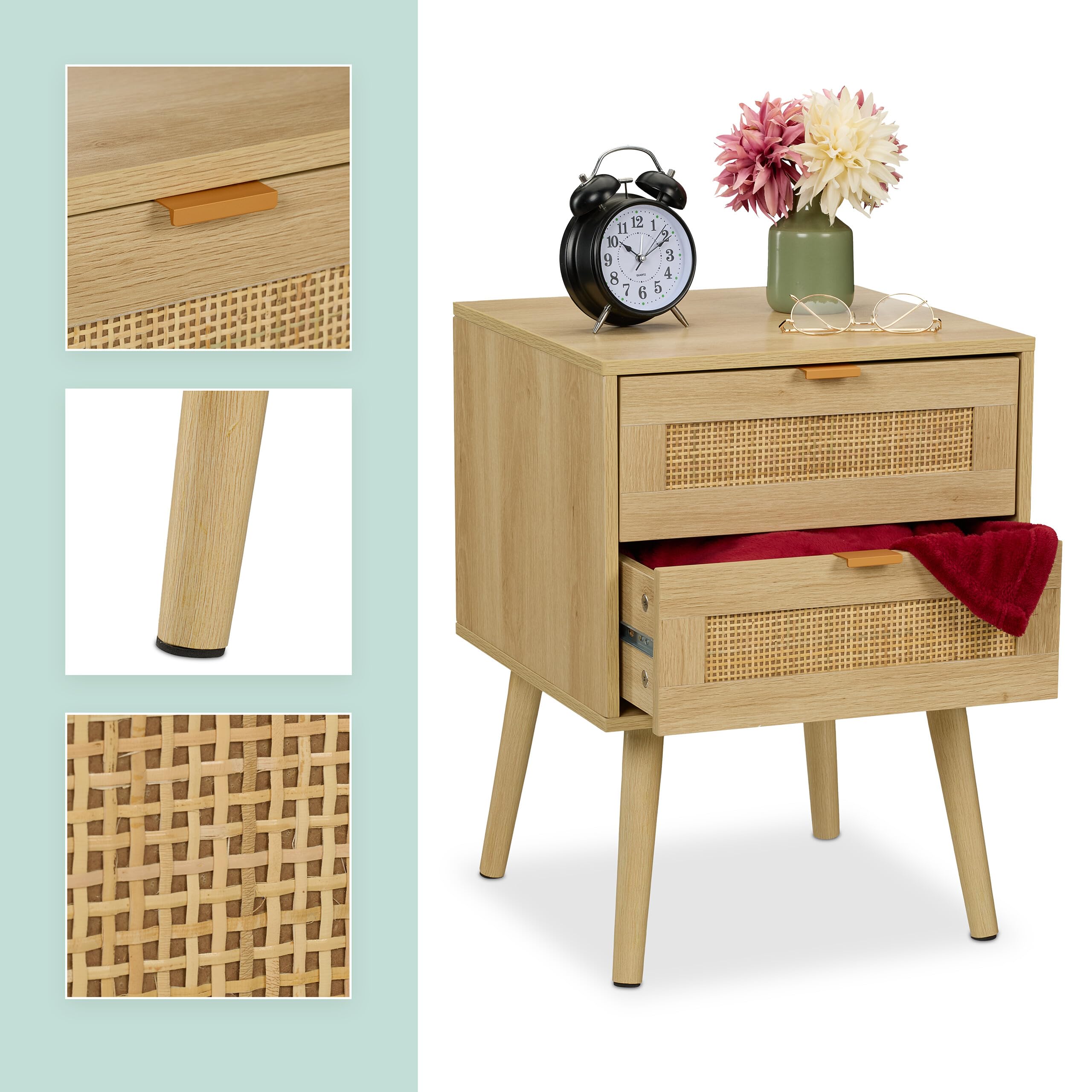 Relaxdays Mesita de Noche, Cajones, Set de 2, Estilo Ratán, Mesilla Dormitorio Efecto Madera, 55 x 40 x 41,5 cm, Natural | Mesita de noche, 2 cajones, 55 x 40 x 41,5 cm, dormitorio