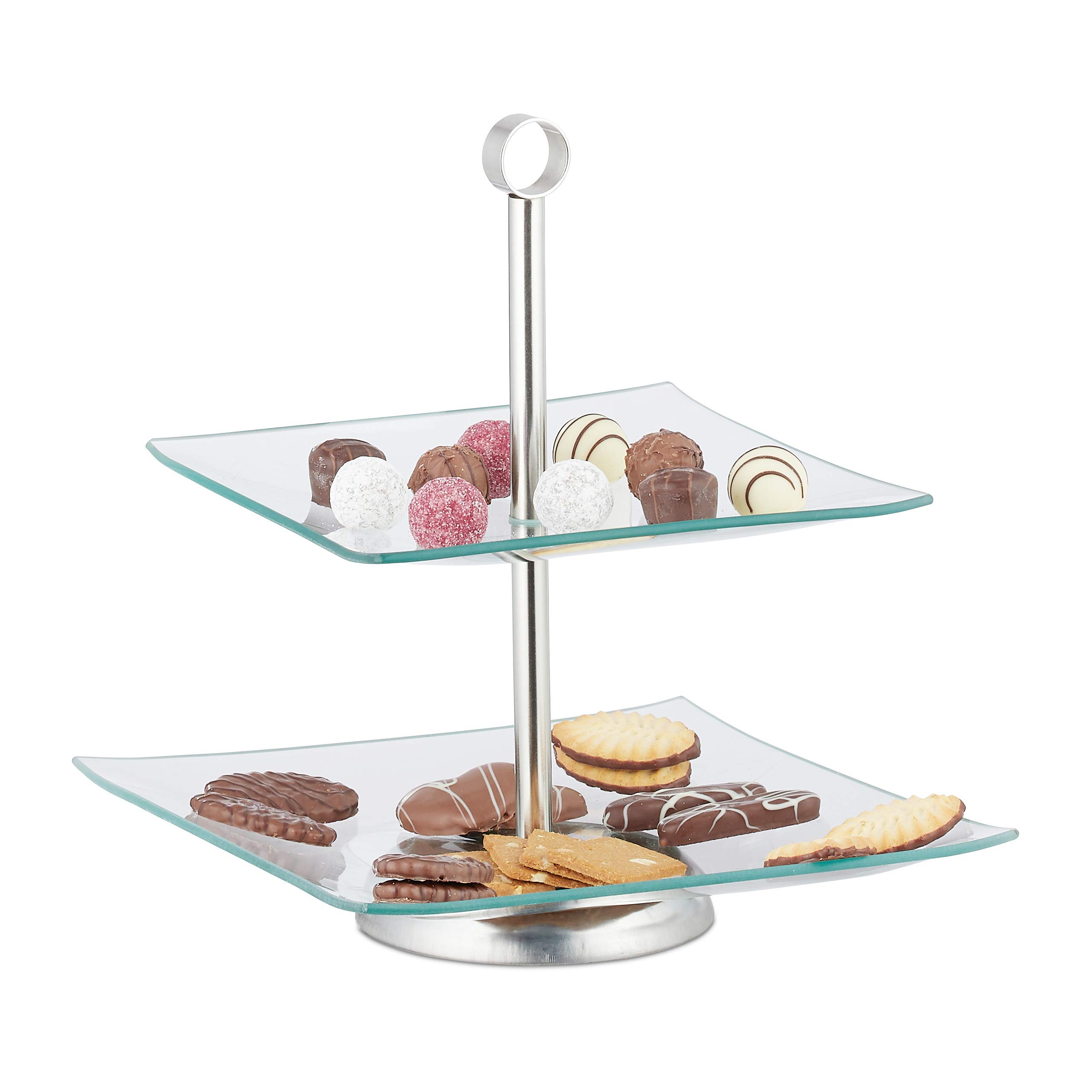 Relaxdays Étagère, 2-Tier, Cupcake, Cookies, Fruit, Muffin Serving Stand, Glass, Stainless Steel, Silver/Clear