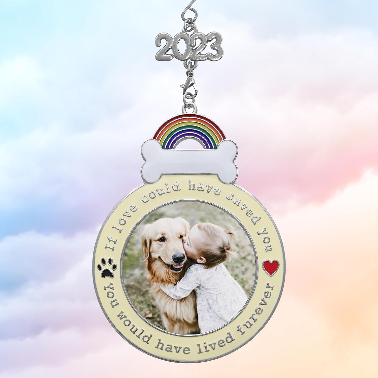 Dog Memorial Keepsake Ornament - 2023 Dated Christmas Picture Holder - If Love Could Have Saved You - Paw Prints and Heart Design - Loss of Pet Gifts - Gift/Storage Bag Included