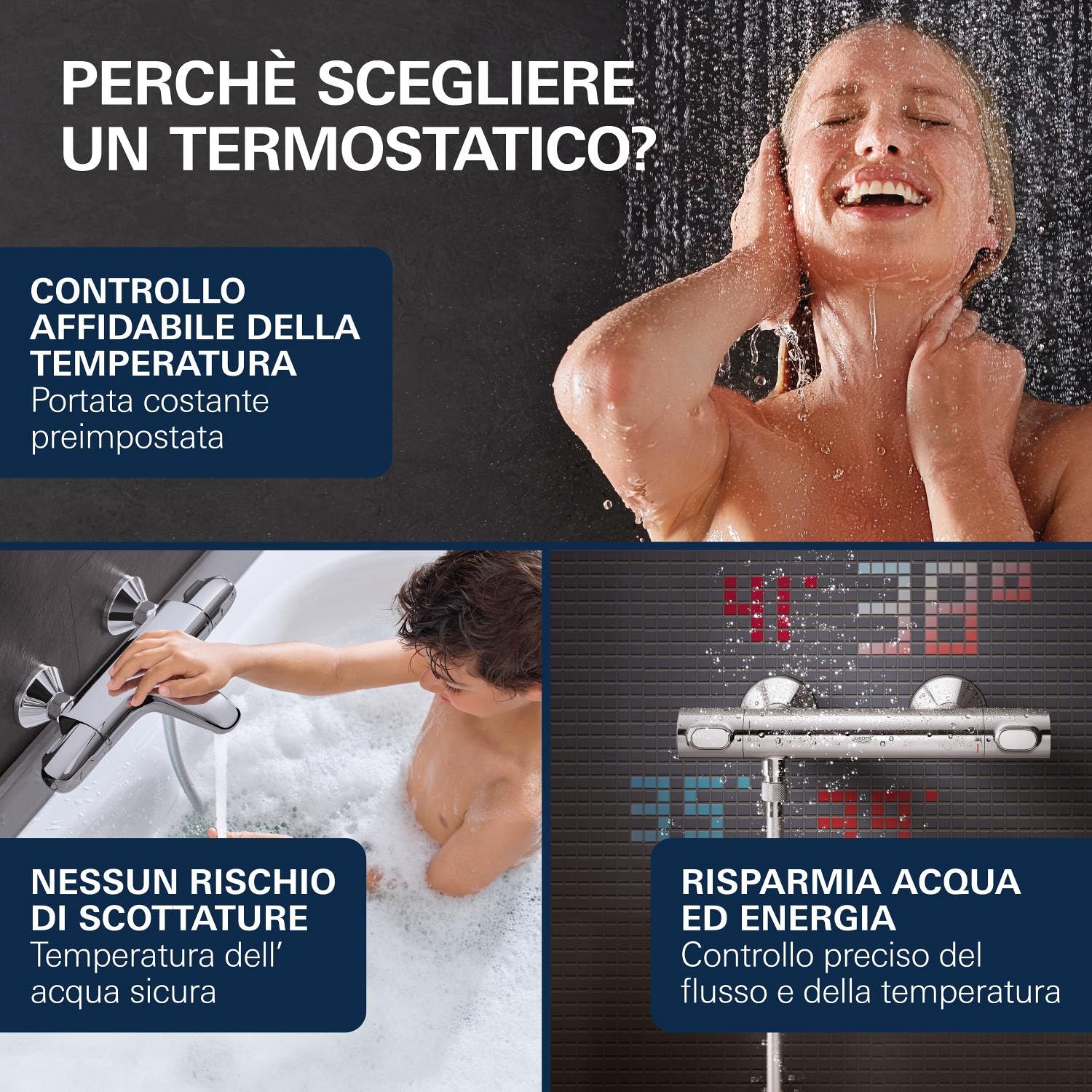 GROHE QUICKFIX, Precision Feel, Miscelatore termostatico per doccia, limitatore di portata GROHE EcoButton blocco sicurezza 38, Cromo, 34790000