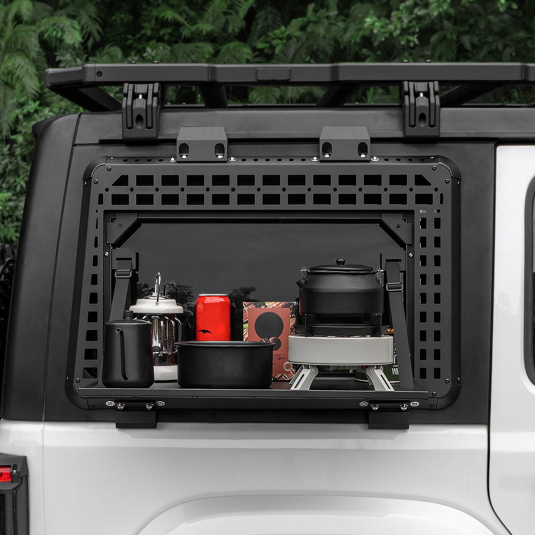 Condition photo showing New/Like New for rear window molle panel with fold-down table - tactical modular rear window storage panels for 2018-2025 jeep wrangler jl off road camping accessories (passenger side)
