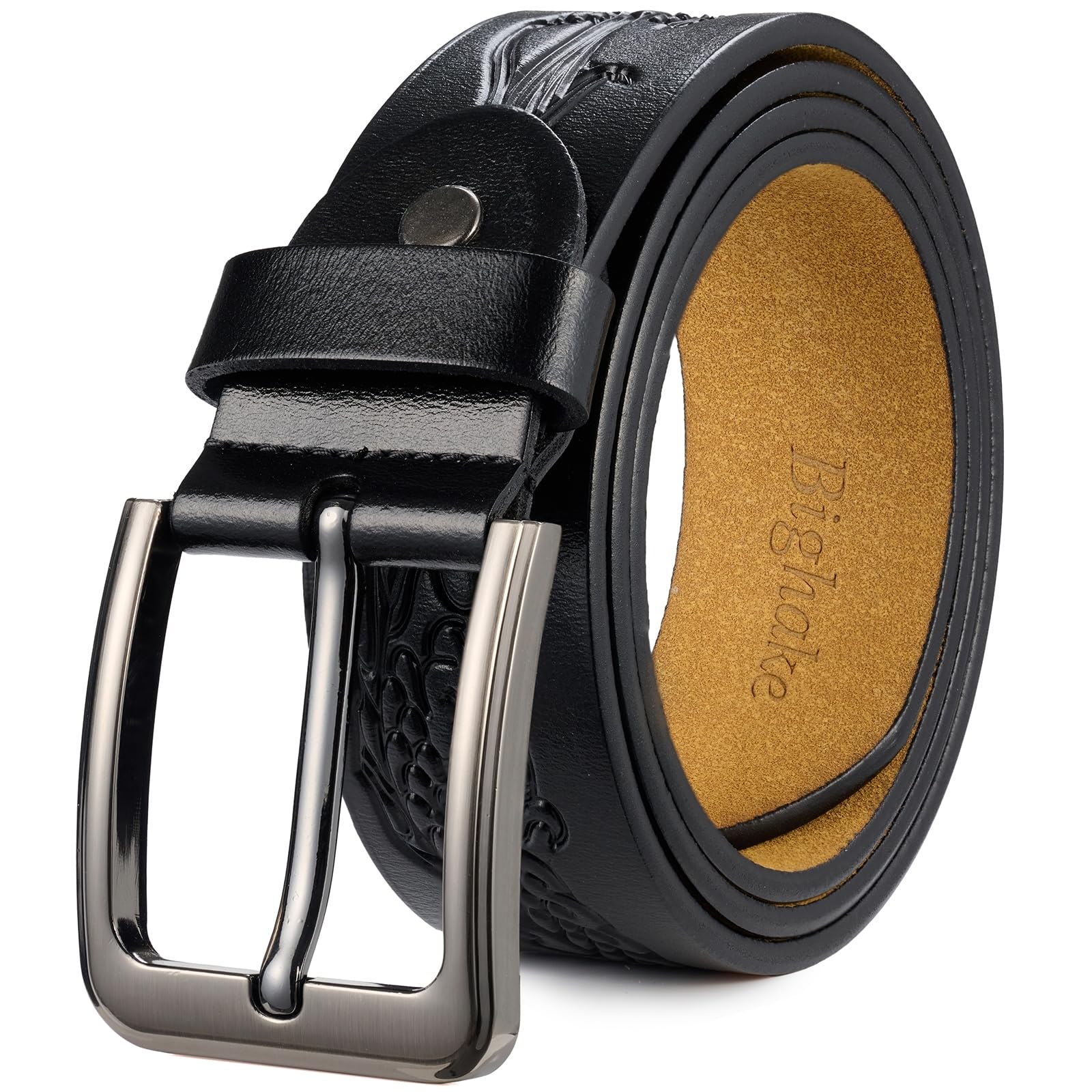 Bighake Genuine Leather Embossed Belt for Men – Western Leather Belt for Men, Adjustable Size for Business & Casual Wear