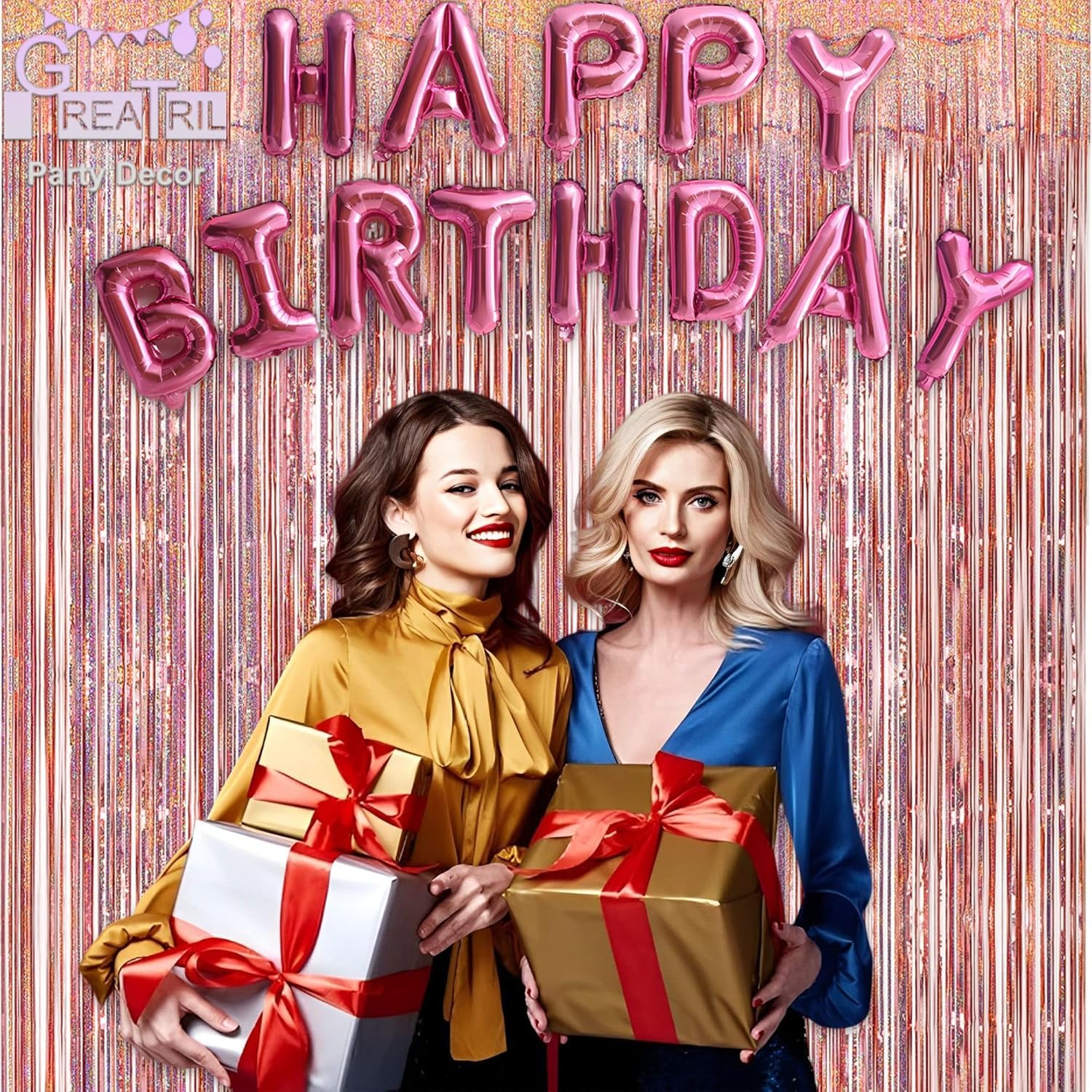 GREATRIL Foil Fringe Curtain Streamers - Rose Gold Tinsel Curtain Party Backdrop for Bachelorette Confirmation Hen Do Bridal Shower Bride To Be Sweet 16 Birthday Party Decorations - 2 Packs