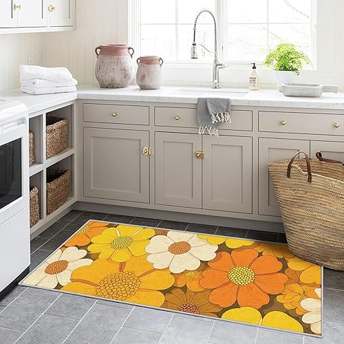 Miniatura 6 de Alfombra de pasillo floral de los años 70, 2 x 8, alfombra de pasillo retro con patrón de flores amarillas, antideslizante, lavable, decoración