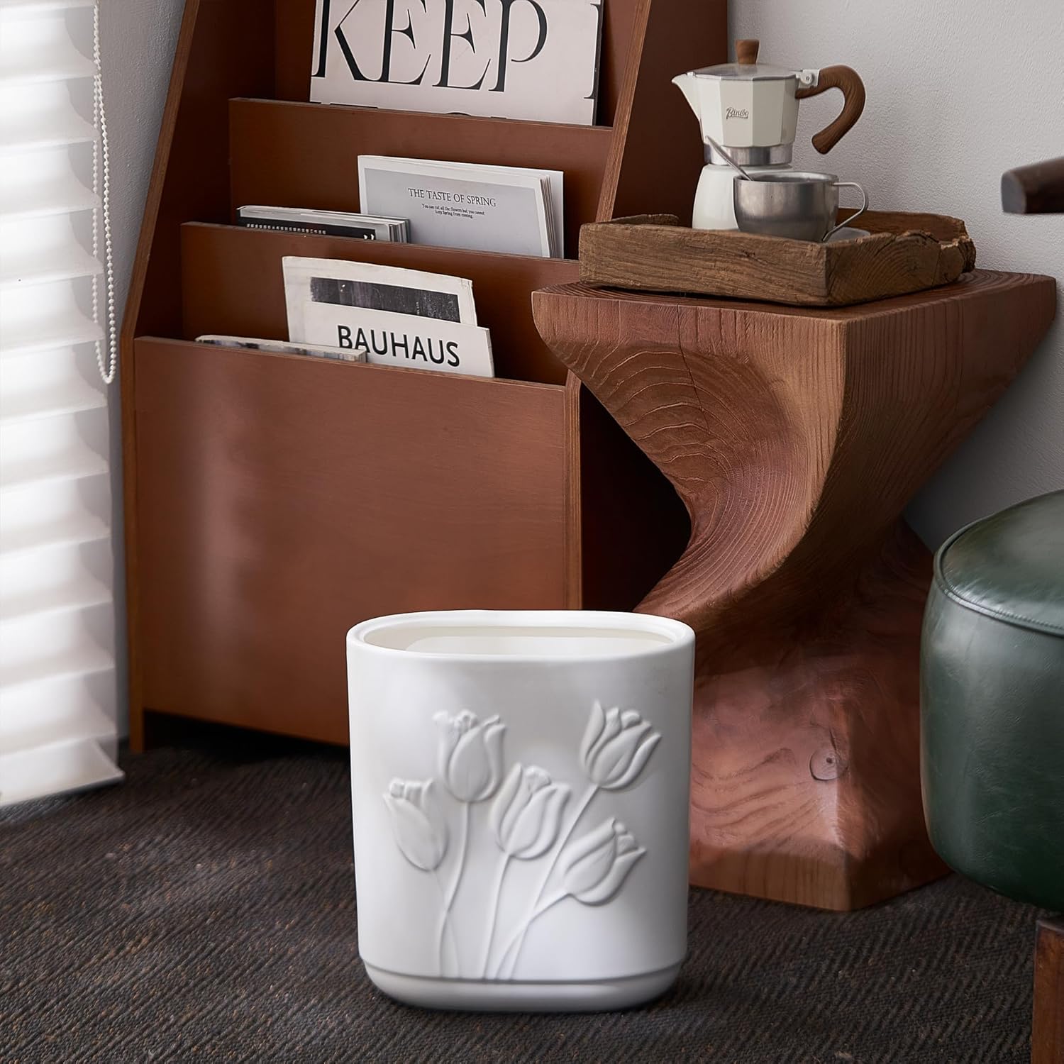 White Ceramic Tulips Small Bathroom Trash Can 2.6 Gal (10 Liter) - Heavy & Decorative Garbage Bin for Bathroom, Kitchen, Office, Bedroom & Living Room Corner