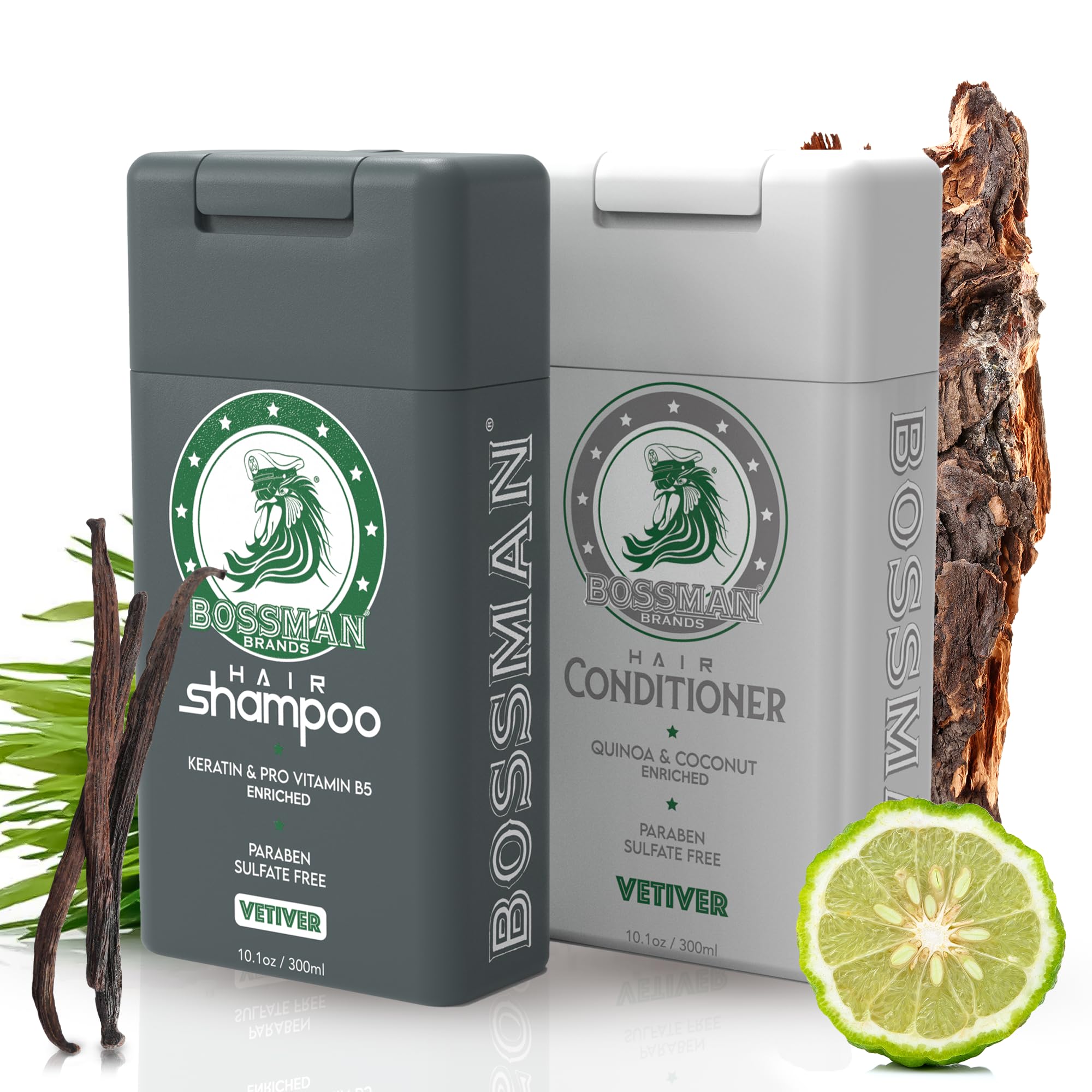 Bossman Hair Shampoo and Conditioner Combo - Hydrating, Strengthening, and Soothing Formula for Men's Hair - Paraben Free & Sulfate Free (Vetiver X) -