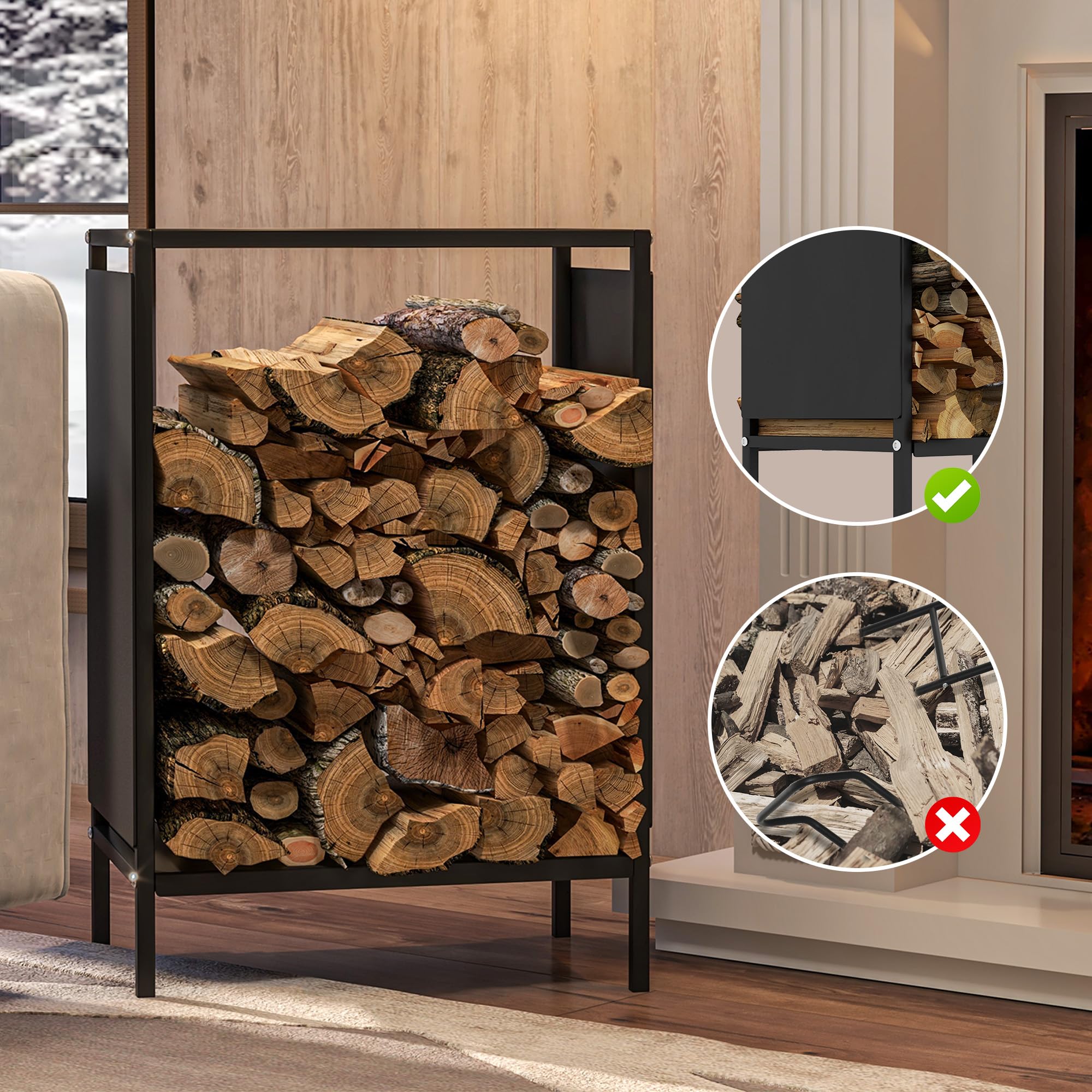 Outsunny Range bûche interieur porte bûche de cheminée support de bois de chauffage pour intérieur extérieur, rack de stockage en acier, 44 x 28 x 65 cm, noir