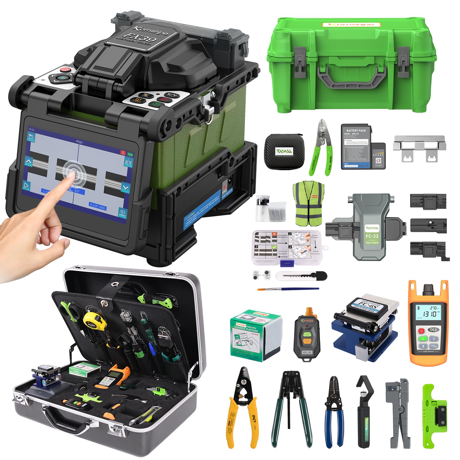 Fiber Fusion Splicer Komshine FX39 Touch Screen 4.3Inch, Core Alignment Trunk Empaladora de fibra+FTTH Splicing Toolkit with Power Meter, Cleaning Tools