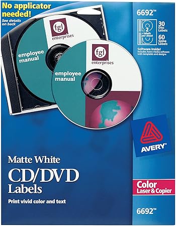 Avery Matte White CD Labels for Color Laser Printers and Copiers, 30 Disc Labels and 60 Spine Labels (6692)