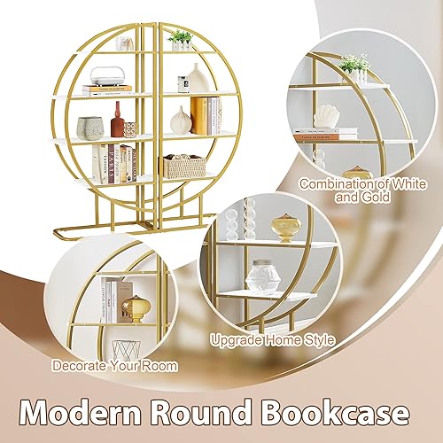 Miniatura 5 de Estantería en forma de L de 4 niveles, estantería circular redonda, estante moderno de media luna, marco de metal dorado, almohadillas ajustables