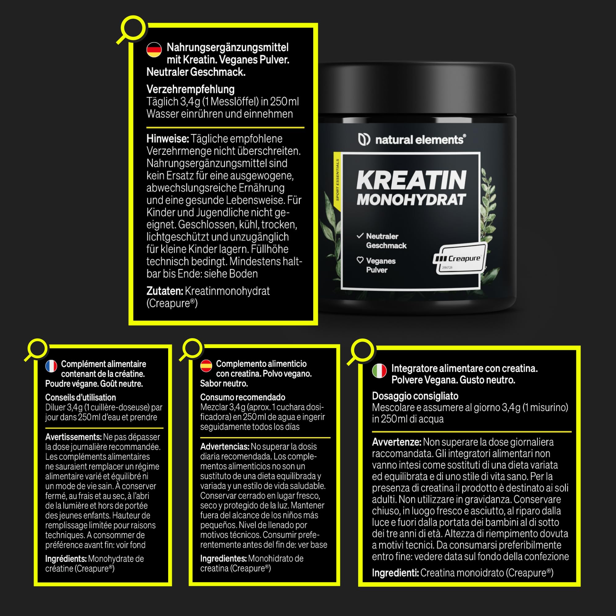 Creatina Monohidrata en Polvo 500g - 147 porciones de creatina Creapure® - Soporte premium para fuerza muscular* - Creatine vegana con dosificador - Sin sabor y sin aditivos innecesarios