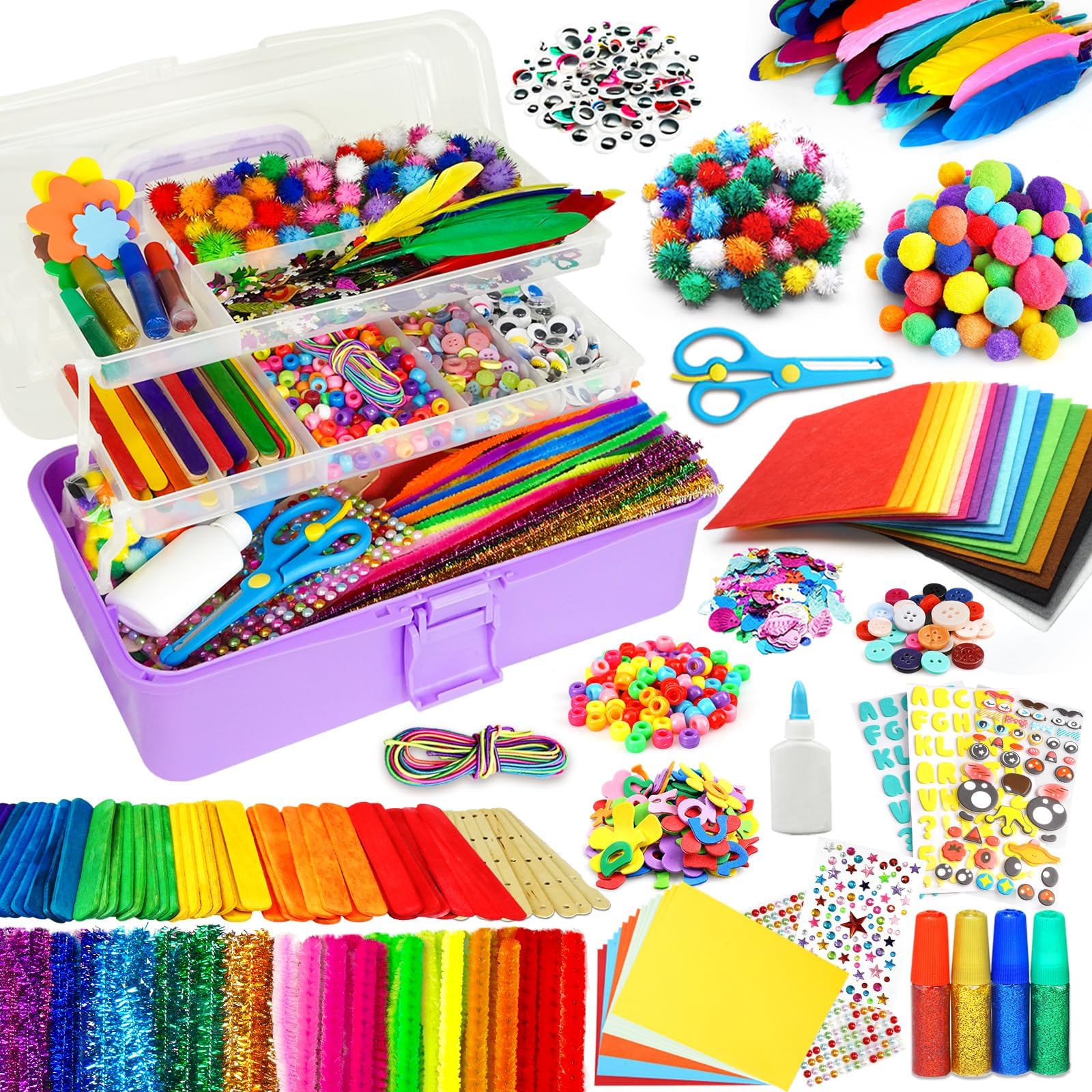 FUNZBO Arts and Crafts Supplies for Kids -Toddler Crafts Kits with Glue Stick Pipe Cleaners Construction Paper Pom Poms Googly Eyes, Crafts for Kids Ages 4-8, Birathday Gifts for Girls