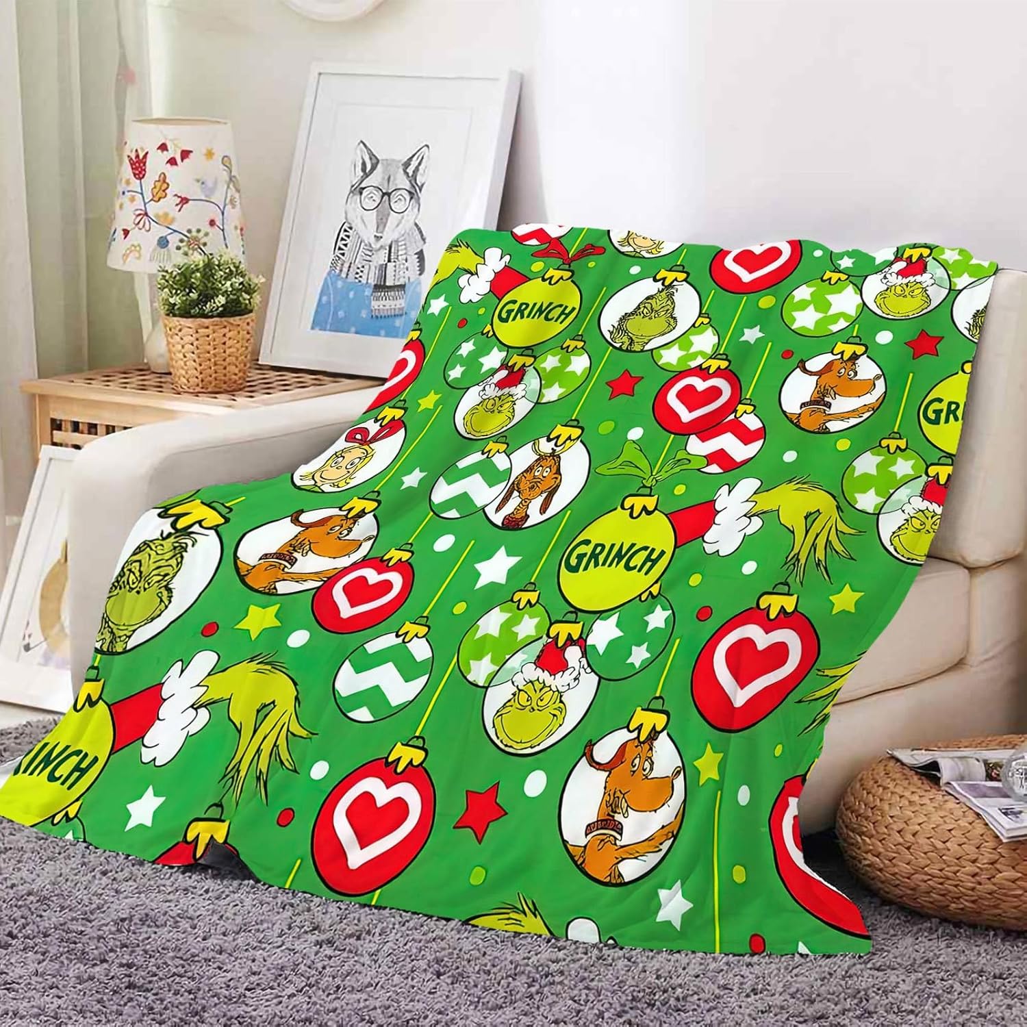 KEERADS Christmas 𝙶𝚛𝚒𝚗𝚌𝚑 Blanket Super Soft Flannel Fleece