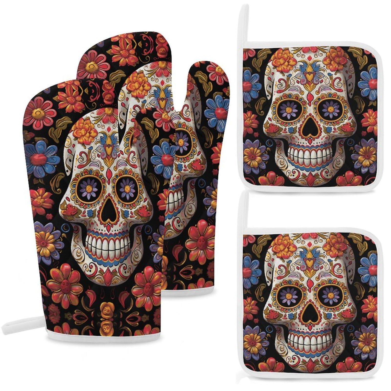 Sugar Skulls Oven Mitts and Pot Holders Sets Heat Resistant Oven Glove with Hanging Loop for Baking Cooking BBQ Thicken Potholders for Kitchen