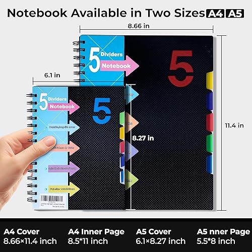 Miniatura 3 de CAGIE Cuaderno de 5 asignaturas con divisores 220 páginas cuadernos de espiral de tapa dura con pestañas diario encuadernado en espiral A5 de 6 x 8