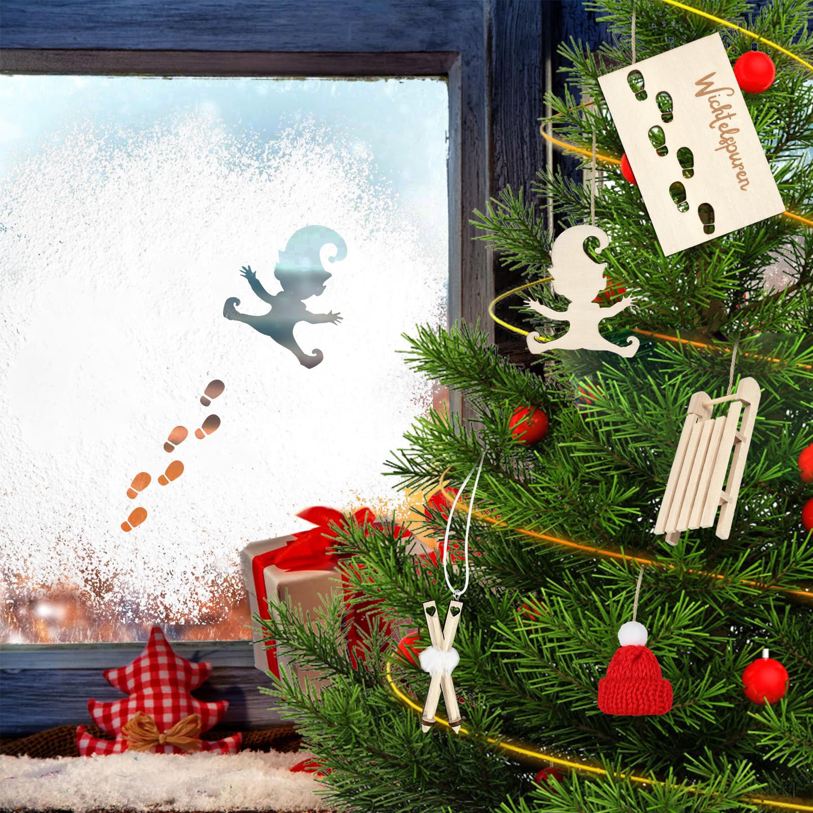 Stencil Impronte Elfo Natale 2025 - Kit Completo Gnome Decorazione con Scala a Pioli, Adesivi e Sagome in Legno - Tracce Magiche per Finestre, Stencil Impronta dei Piedi Elfo per Decorazione di