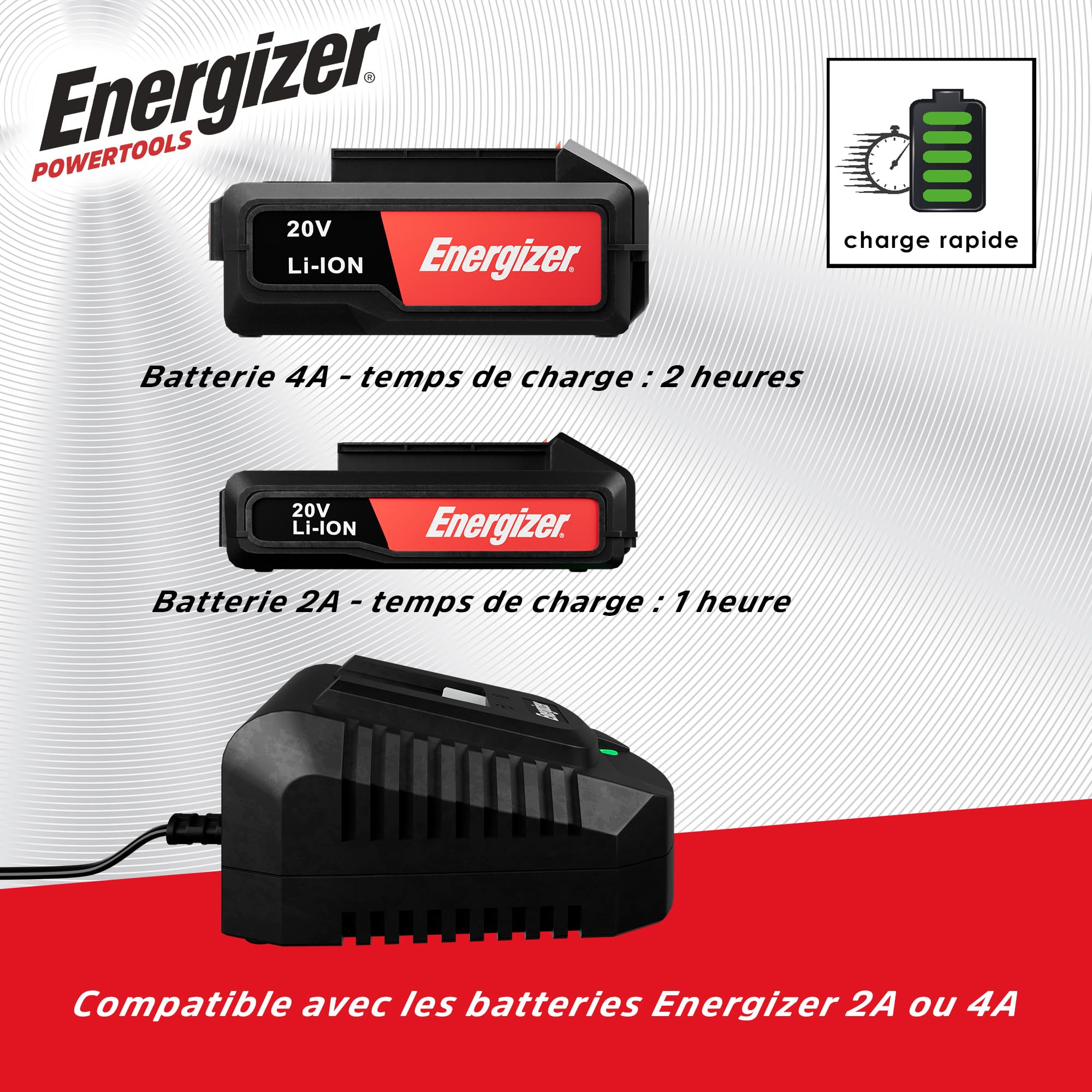 Energizer - Sierra de calar inalámbrica 20 Voltios – 2300 OPM, corte madera 80 mm/metal 6 mm – Incluye 2 baterías 20V 2AH + cargador - Cambio rápido de hoja sin herramientas, conexión para aspiració