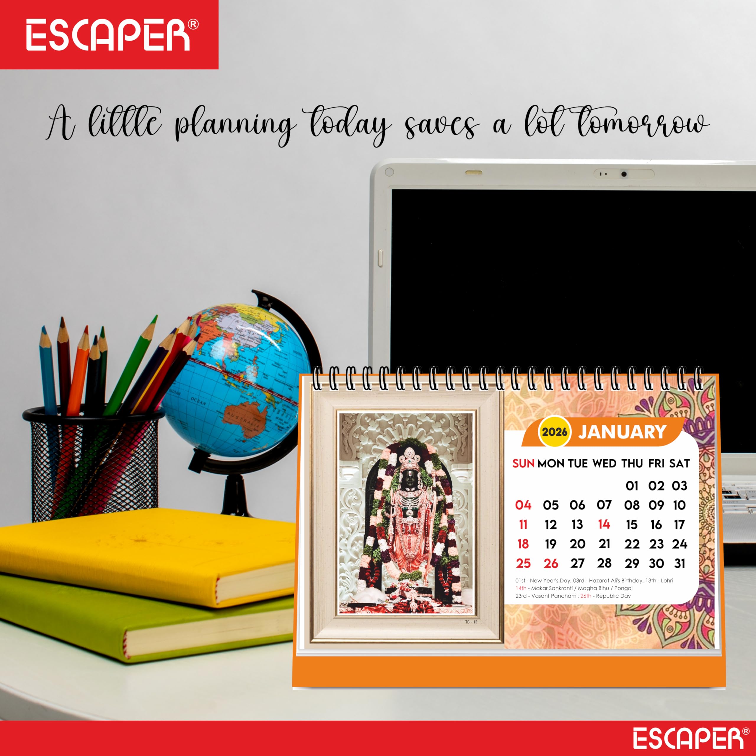 ESCAPER Tischkalender 2026 Hindu-Götter (A5) - Lord Ram, Lord Hanuman, Laddu Gopal & Lord Ganesha Tischkalender, spiritueller & religiöser Tischkalender für Zuhause & Büro