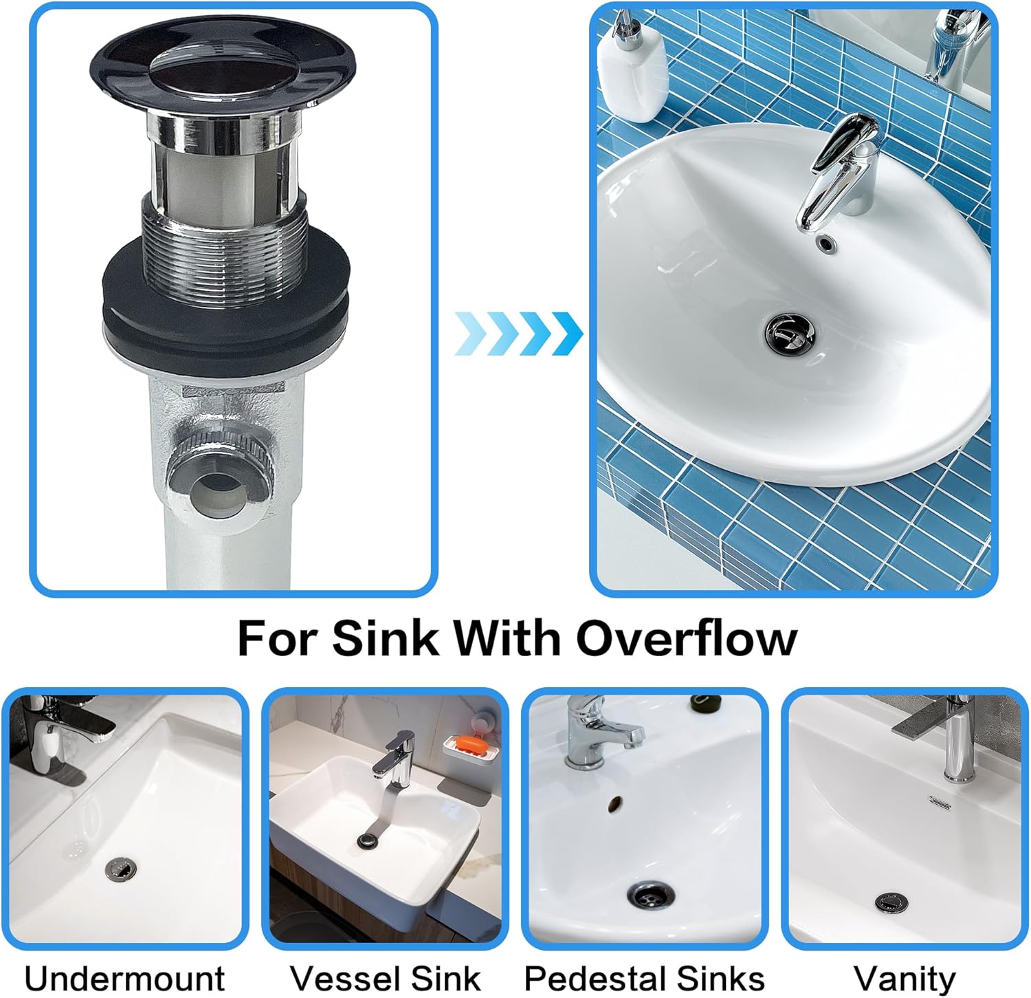 Pop Up Sink Drain Stopper Assembly with Ball Lift Rod and Overflow, Solid Brass Bathroom Pop Up Drain Assembly for Vanity Vessel Sink,All Brass Construction (Chrome Plated)