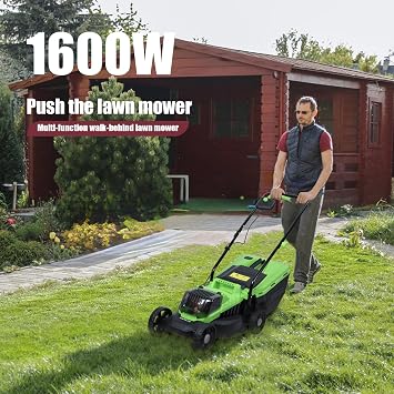 Electric Lawn Mower, Cordless Push Mower with Brushless Motor, 32cm Blade, 1600W Power, 3600RPM Speed, 3 Adjustable Heights, 30L Grass Bag, Ergonomic Foldable Handle (Green)