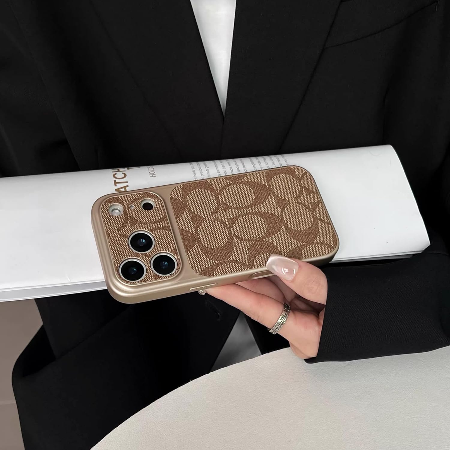 Leather Phone Case for iPhone with Camera Lens Protector, Designer Textured Leather Pattern, Full Shockproof Protection Anti-Scratch Phone Cover Compatible with iPhone (Khaki, iPhone 17 Pro)