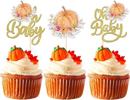 Rsstarxi Paquete de 24 adornos para cupcakes de calabaza Oh Baby Shower para decoración de cupcakes para calabaza, cosecha de otoño, Acción de