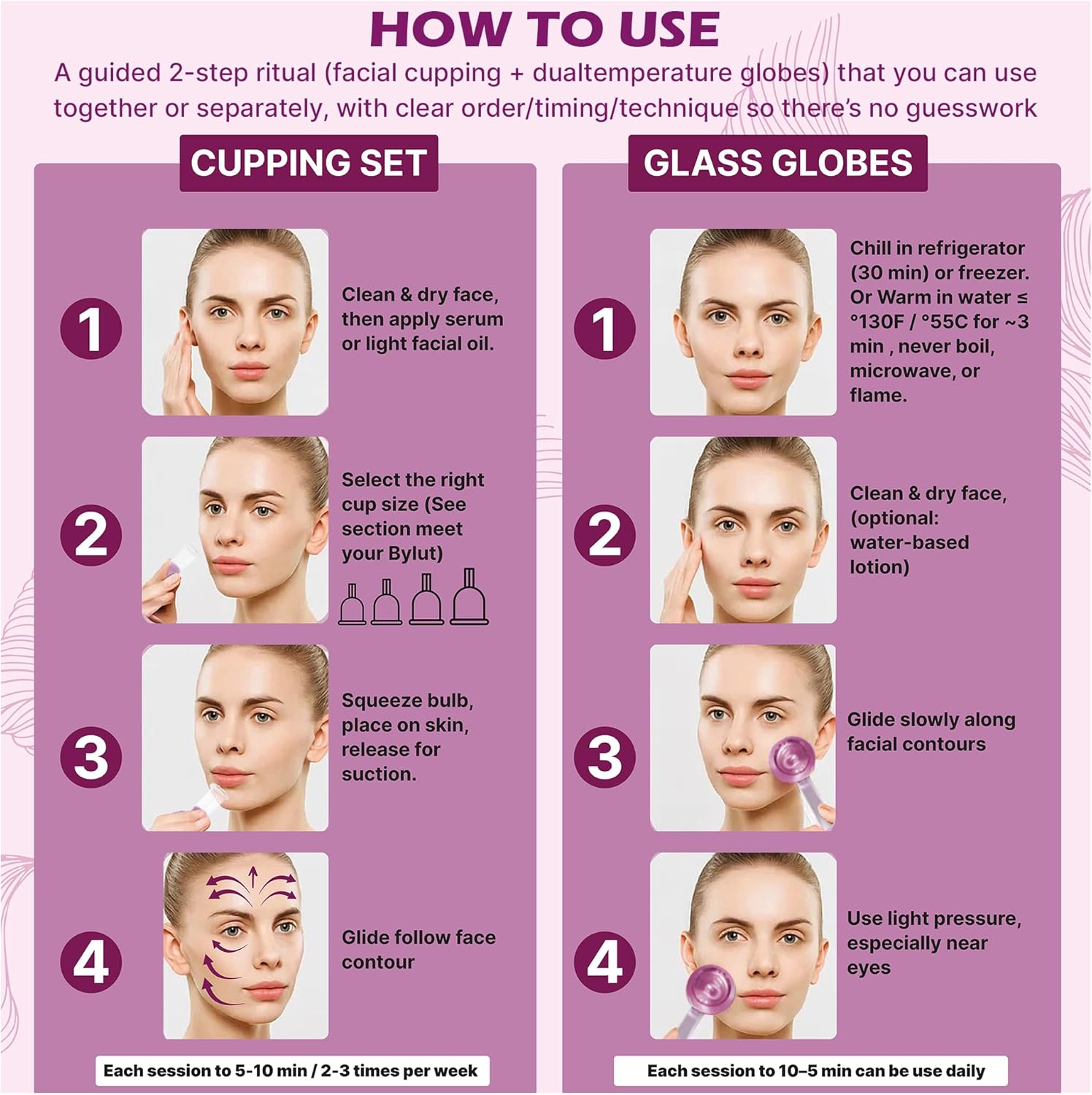 3-in-1 Ice Globes & Glass Facial Cupping Set, 2 Ice Globes for Face + 4-Size Facial Cupping Set for Face Lifting & Body Suction Cups, Facial Ice Roller for Depuffing, Heat & Cold Therapy-Purple