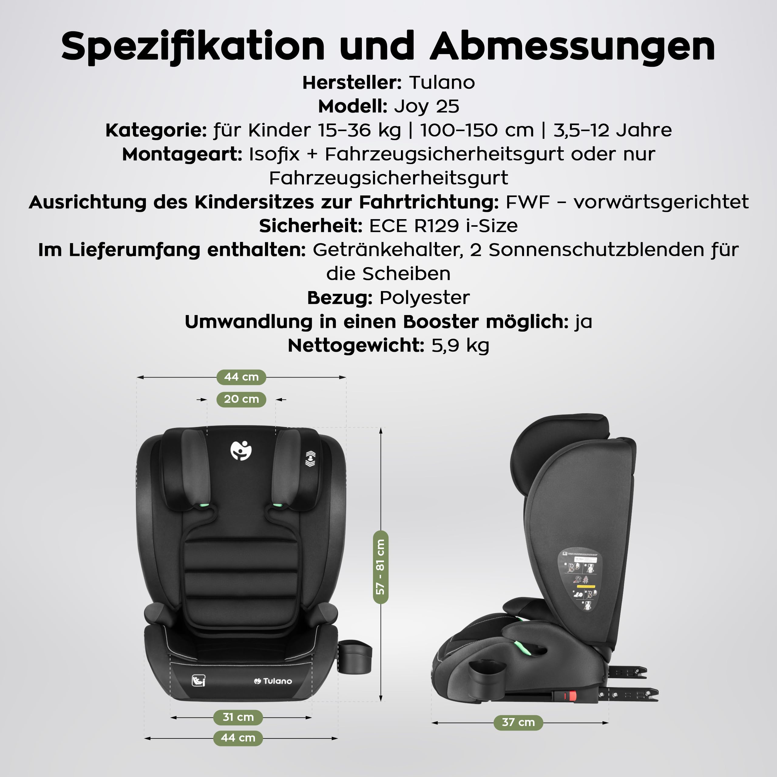 Tulano Joy 25 Auto Kindersitz 15–36 kg mit Isofix - Gruppe 2/3 Autositz 100–150 cm - Sitzerhöhung Kinder - höhenverstellbare Kopfstütze - Bezug waschbar - mit Gurt - Schwarz Grau