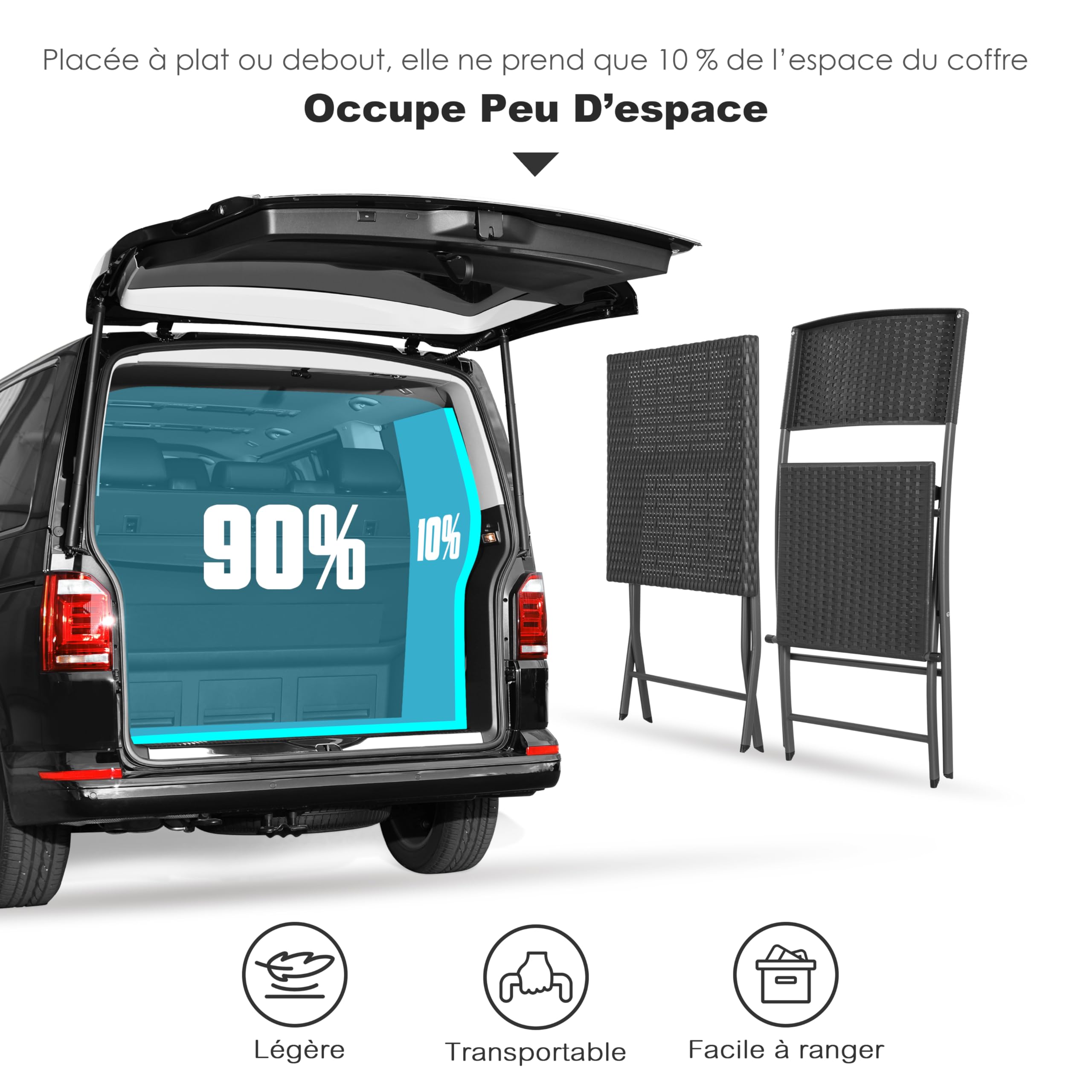 Avestar Ensemble de Bistrot Pliable 3 Pièces Table & 2 Chaises en Rotin PP, Résistant aux Intempéries, Noir