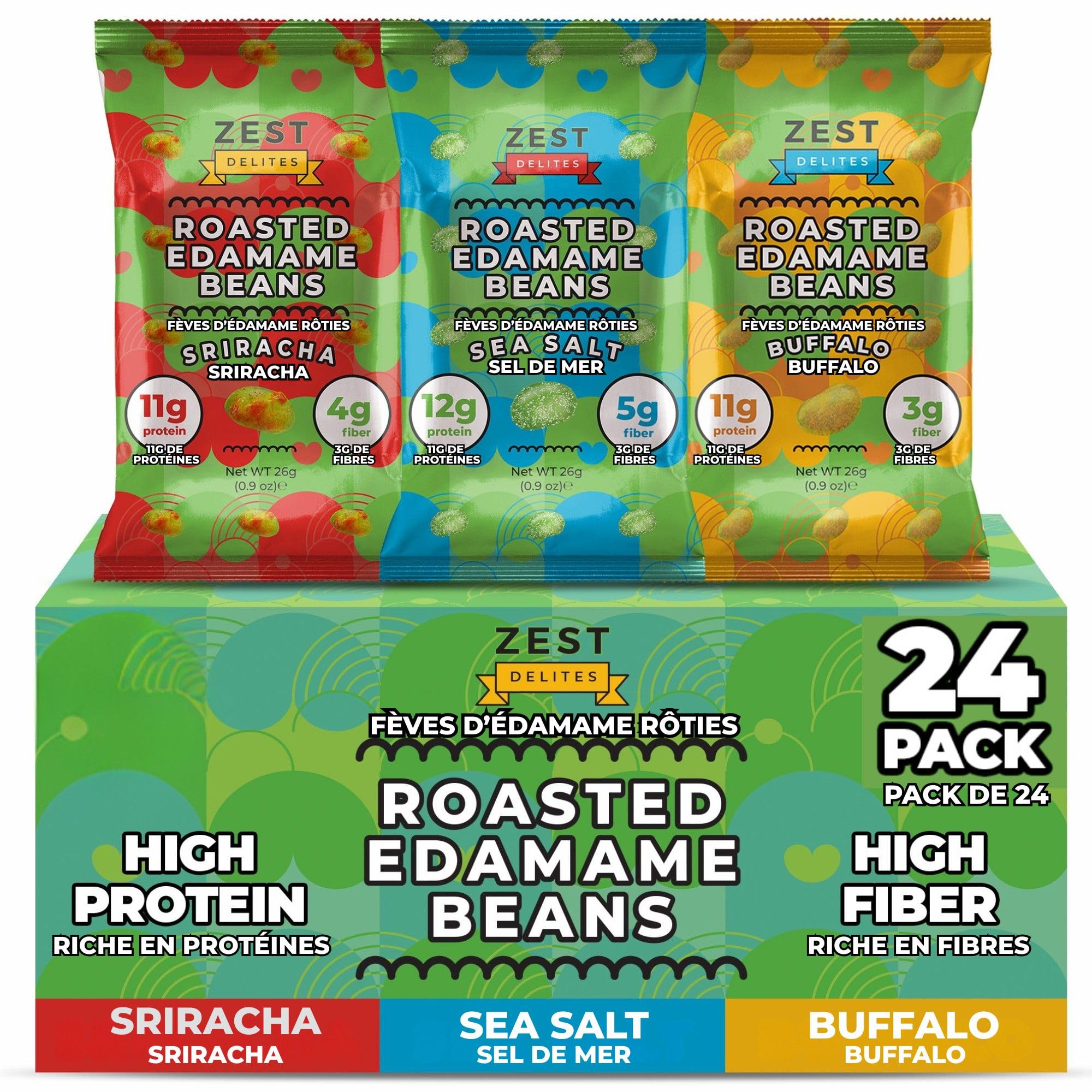 Edamame Snack by Zest Delites, 26g x 24 Packs, Healthy High Protein Snacks for Adults & Kids, Keto, Low Carb, Low Calorie, Sea Salt - Sriracha - Buffalo Flavors