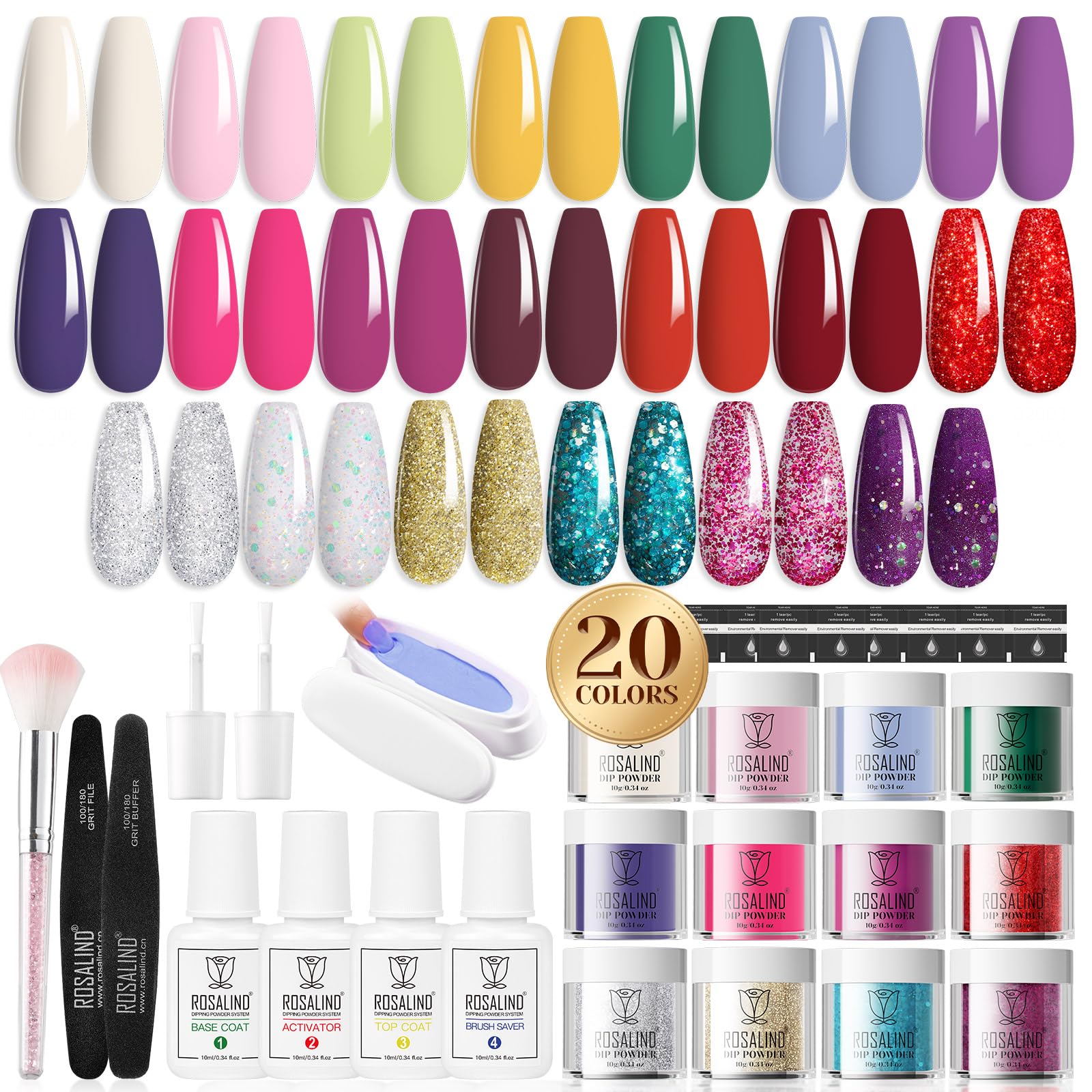ROSALIND 29PCS Spring Dip Nails Powder Starter Kit, 20 Colors Dip Powder Nail Kit Red Purple Glitter Nail Dip Powder Colors Set with Base & Top Coat, Brush Restorer and Activator Kit