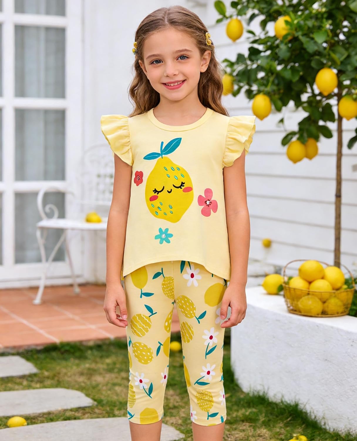 Popshion Little Girls 2 Piece Summer Outfits Flutter Sleeve T-Shirt and Cropped Capri Leggings Kids Clothes Short Sets 2-8t