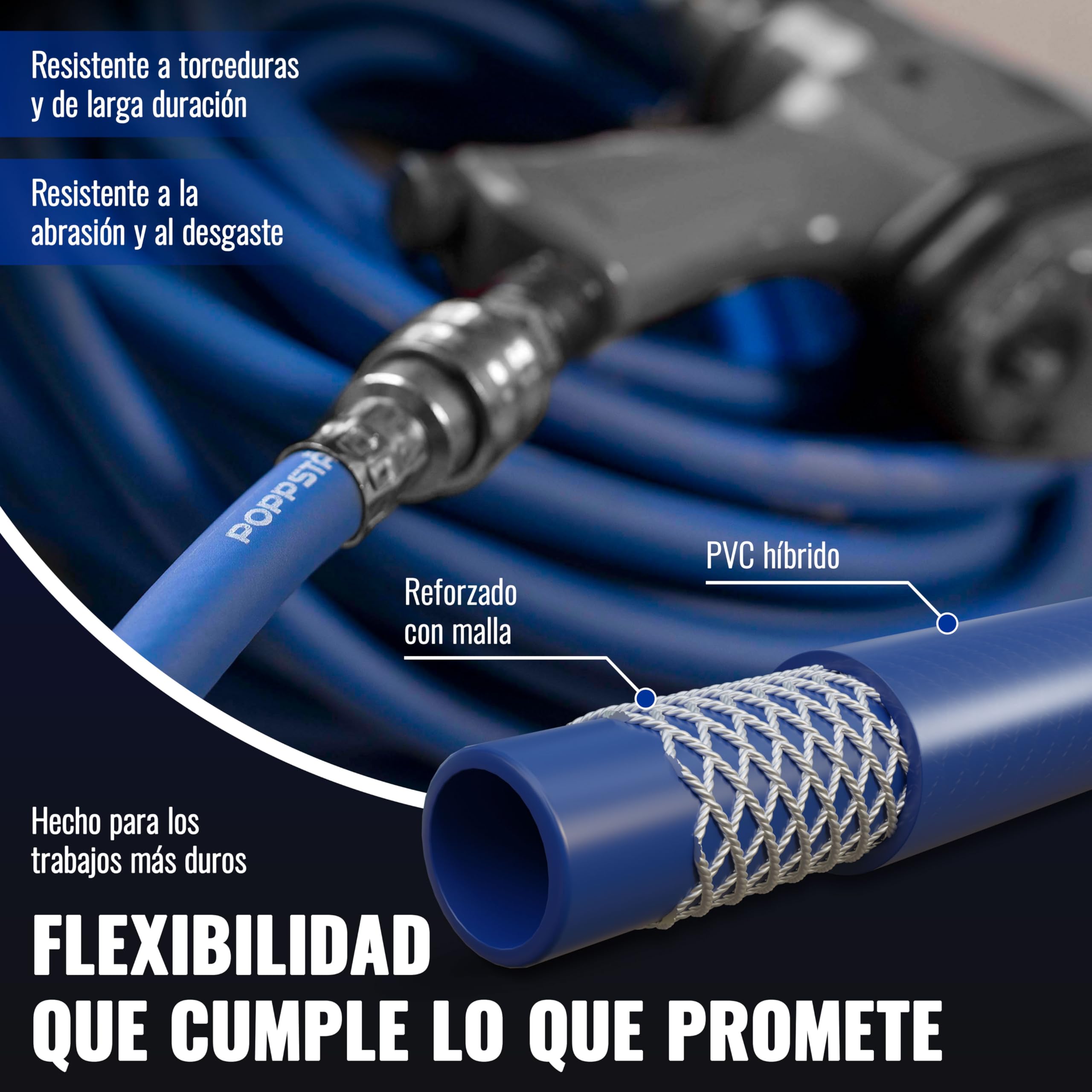 Poppstar Manguera para aire comprimido 20m (PVC híbrido con tejido, diámetro interior 9,2mm con acoplamiento rápido y conector de manguera), hasta 20 bar, azul