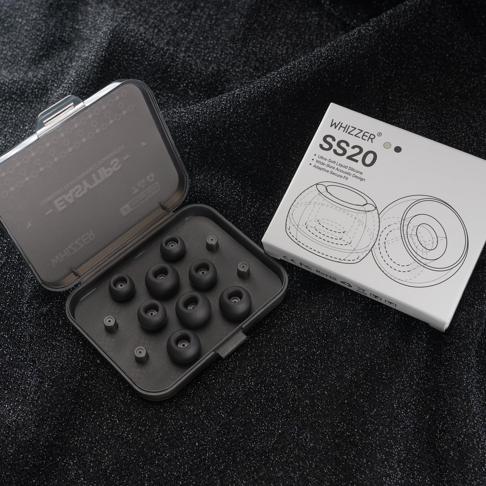WHIZZER SS20 Wide-Bore Silicone Ear Tips for IEMs, Ultra-Soft Matte Finish Replacement Tips for Wired in-Ear Earphones, Includes Portable Storage Case (4 Pairs, XS/S/M/L) (Black)