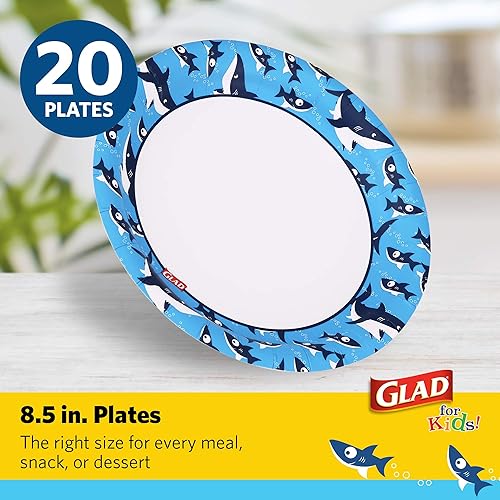 Miniatura 2 de Glad Platos redondos de papel para niños de 8 12 pulgadas con bonito diseño de tiburones, resistentes, a prueba de remojo, aptos para microondas