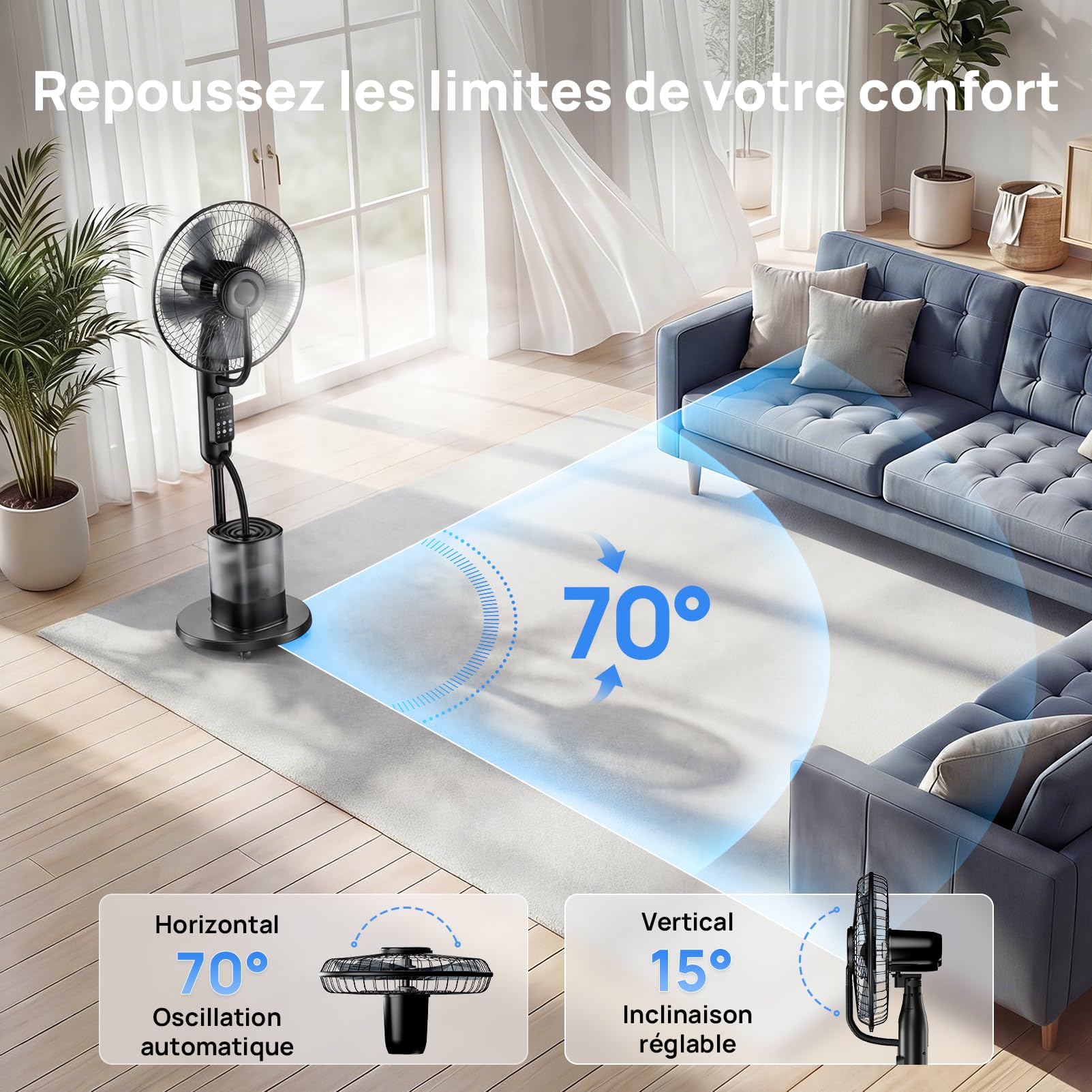 NebulaFlow Ventilateur Brumisateur, 2026 Amélioré Réservoir 4L, 7,5H Ventilateur sur pied, Minuterie, 5 vitesses 3 modes, Ventilateur oscillant avec télécommande pour maison, chambre, bureau, terrasse